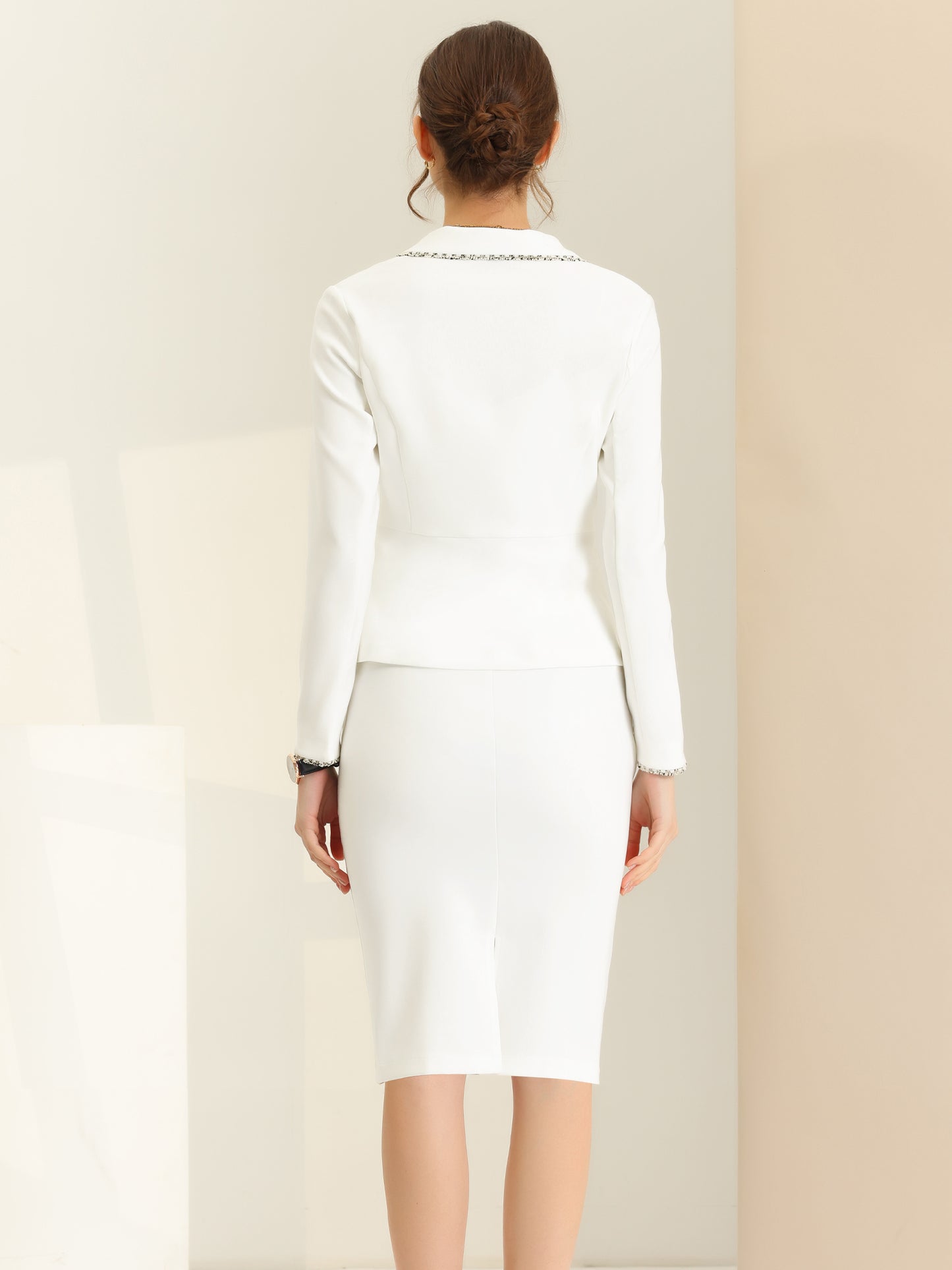 Women's 2 Piece Suit Skirt Set Tweed Trim Blazer Knee Length Pencil Skirt Business Office Wear