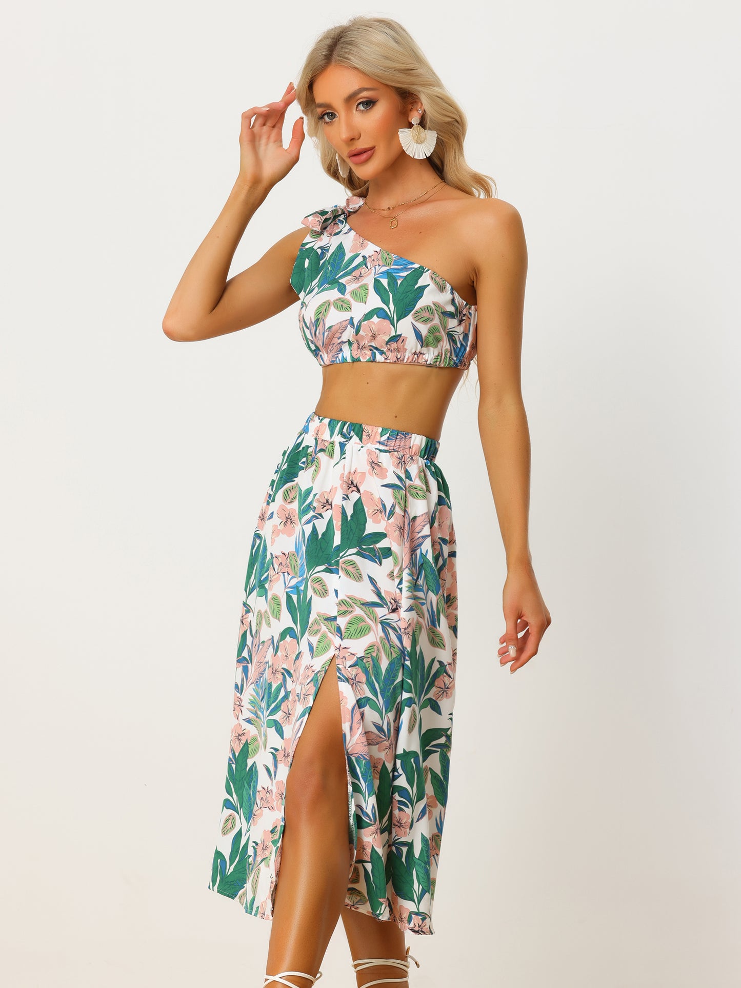 Women's Summer 2 Piece Floral Printed Crop Tube Tops and Split Long Skirt Set