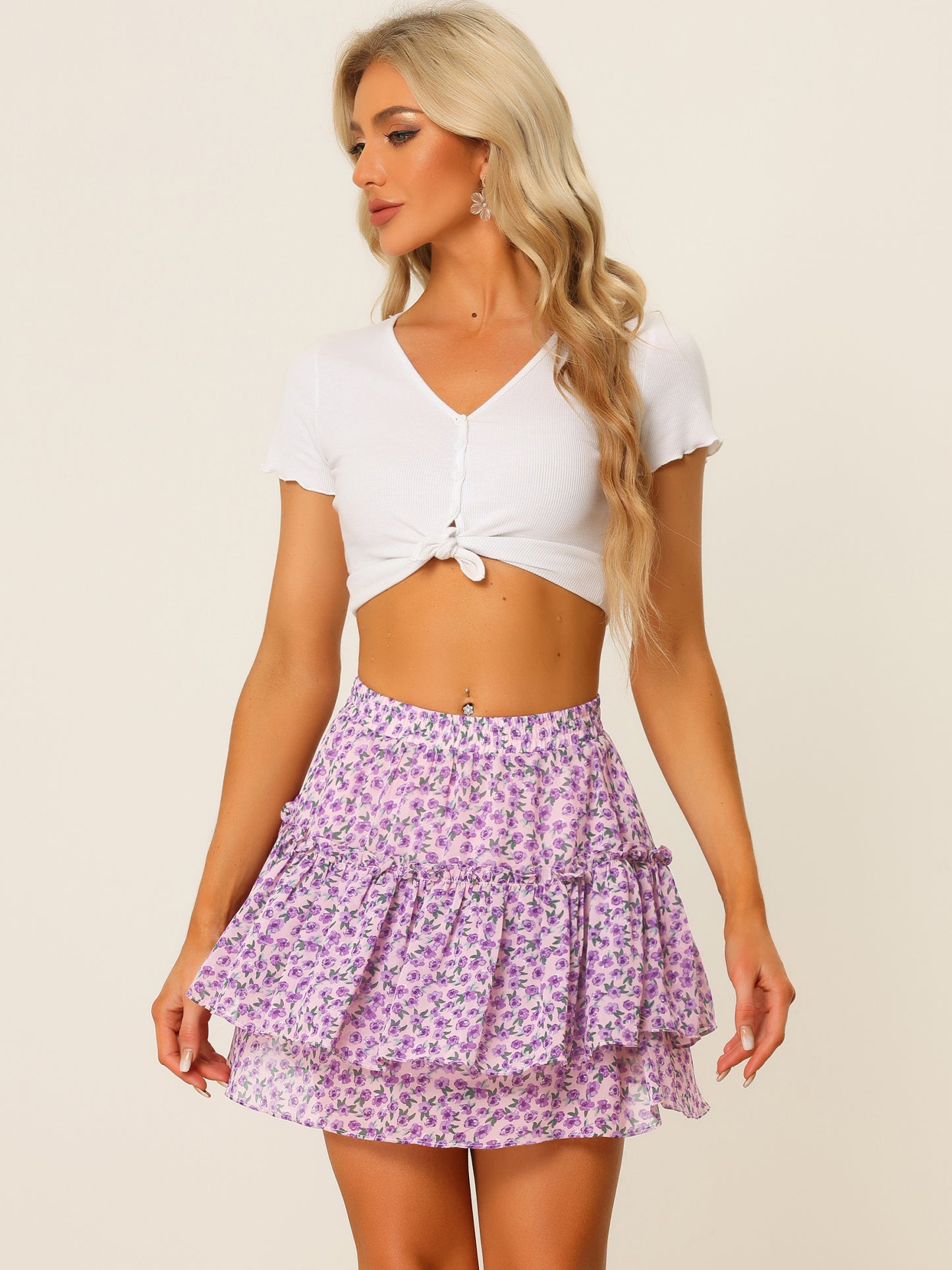 Falda corta con estampado floral para mujer, cintura alta elástica, con volantes y corte A