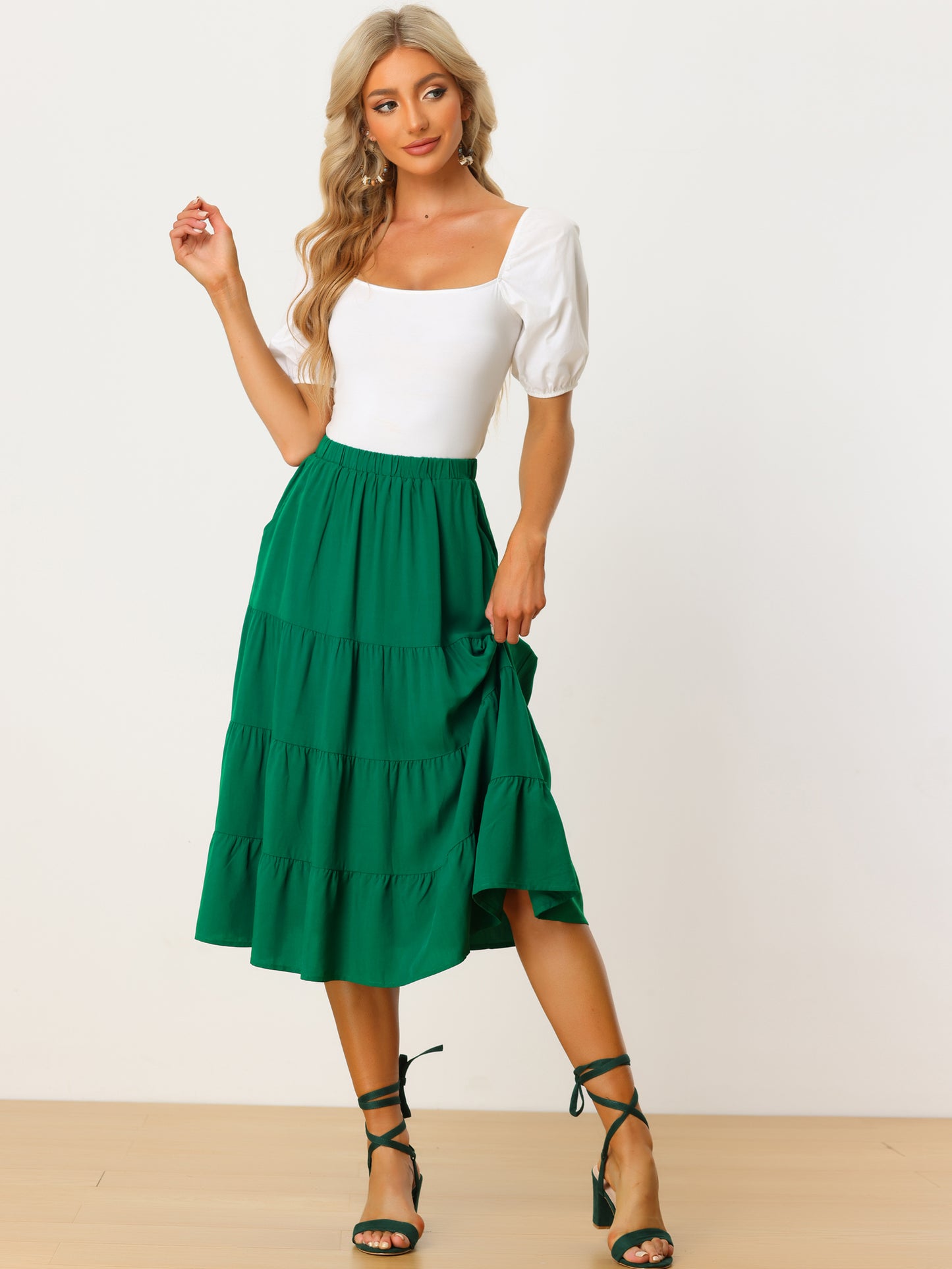 Faldas midi para mujer, estilo bohemio, plisadas, con vuelo, cintura elástica, largas, con bolsillos