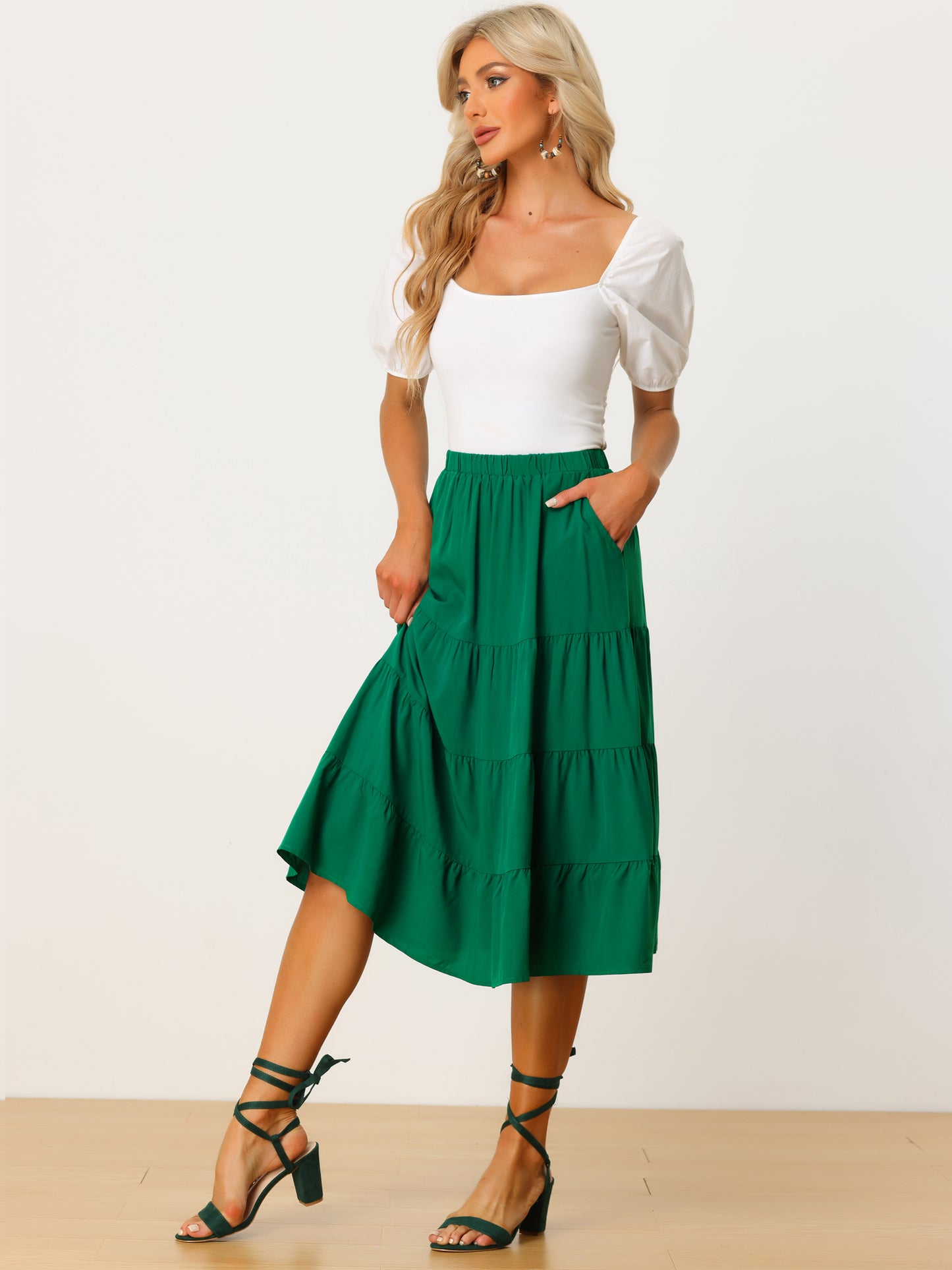 Faldas midi para mujer, estilo bohemio, plisadas, con vuelo, cintura elástica, largas, con bolsillos