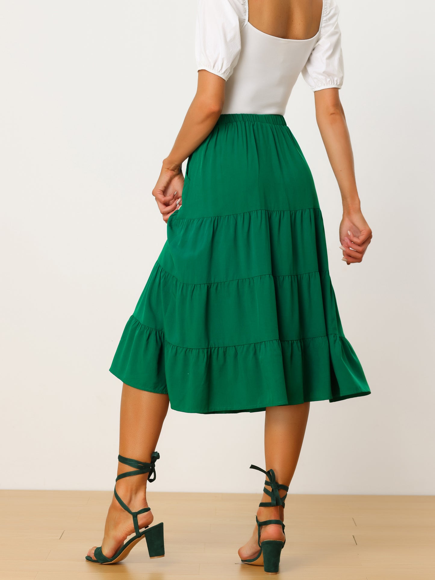 Faldas midi para mujer, estilo bohemio, plisadas, con vuelo, cintura elástica, largas, con bolsillos