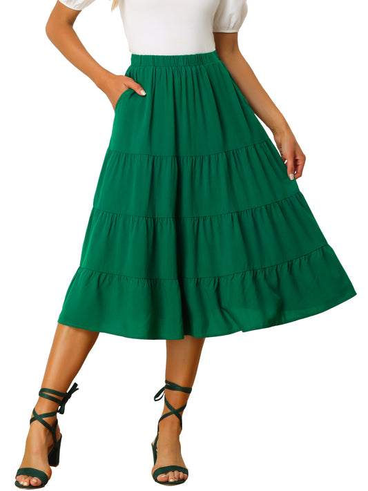 Women's Midi Skirts Flare Tiered Pleated Boho Solid Elastic Waist Long A-Line Skirt with Pockets