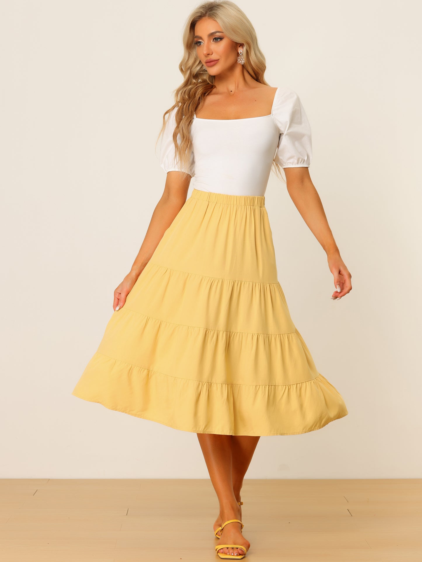 Women's Midi Skirts Flare Tiered Pleated Boho Solid Elastic Waist Long A-Line Skirt with Pockets