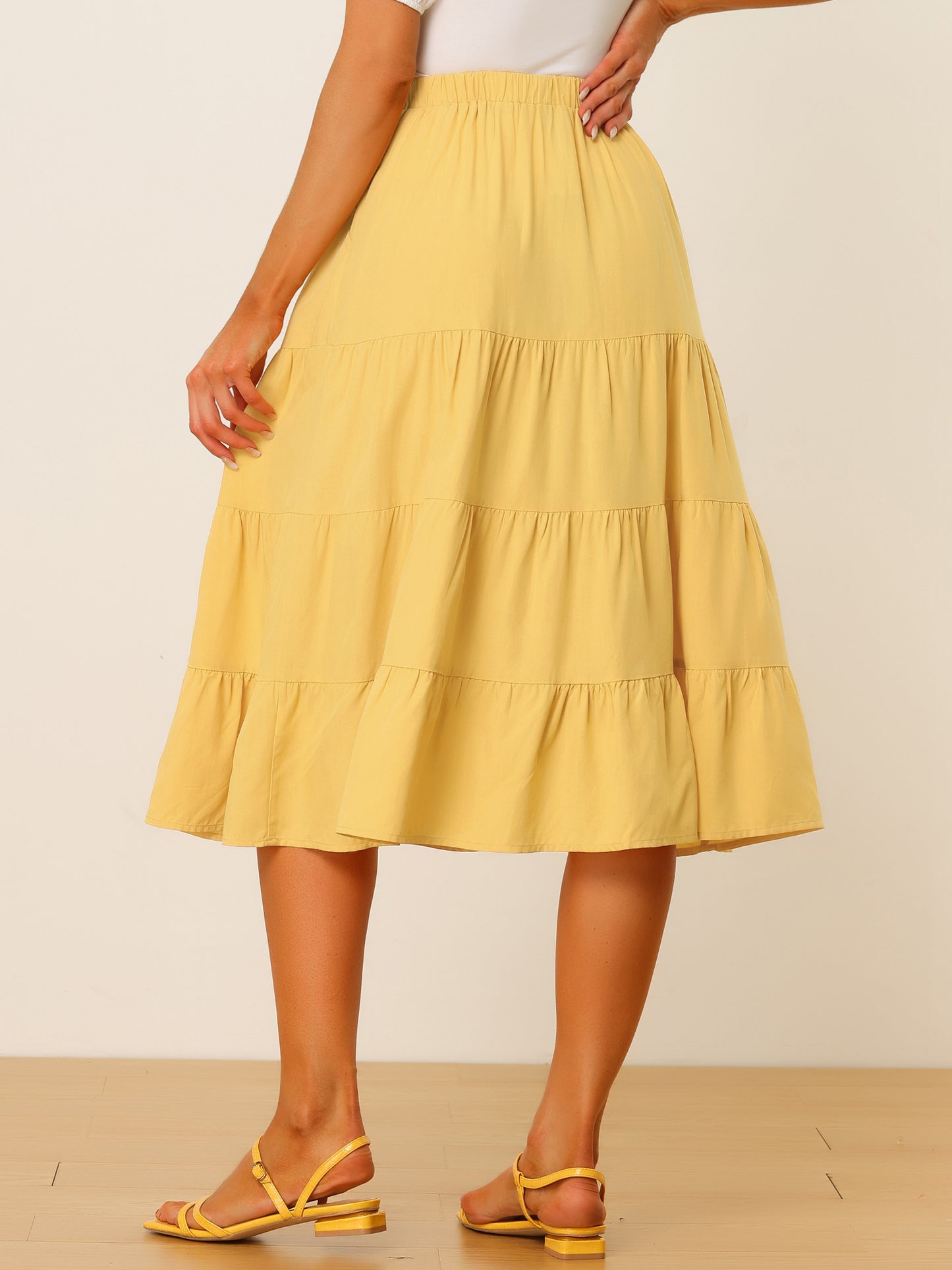 Women's Midi Skirts Flare Tiered Pleated Boho Solid Elastic Waist Long A-Line Skirt with Pockets