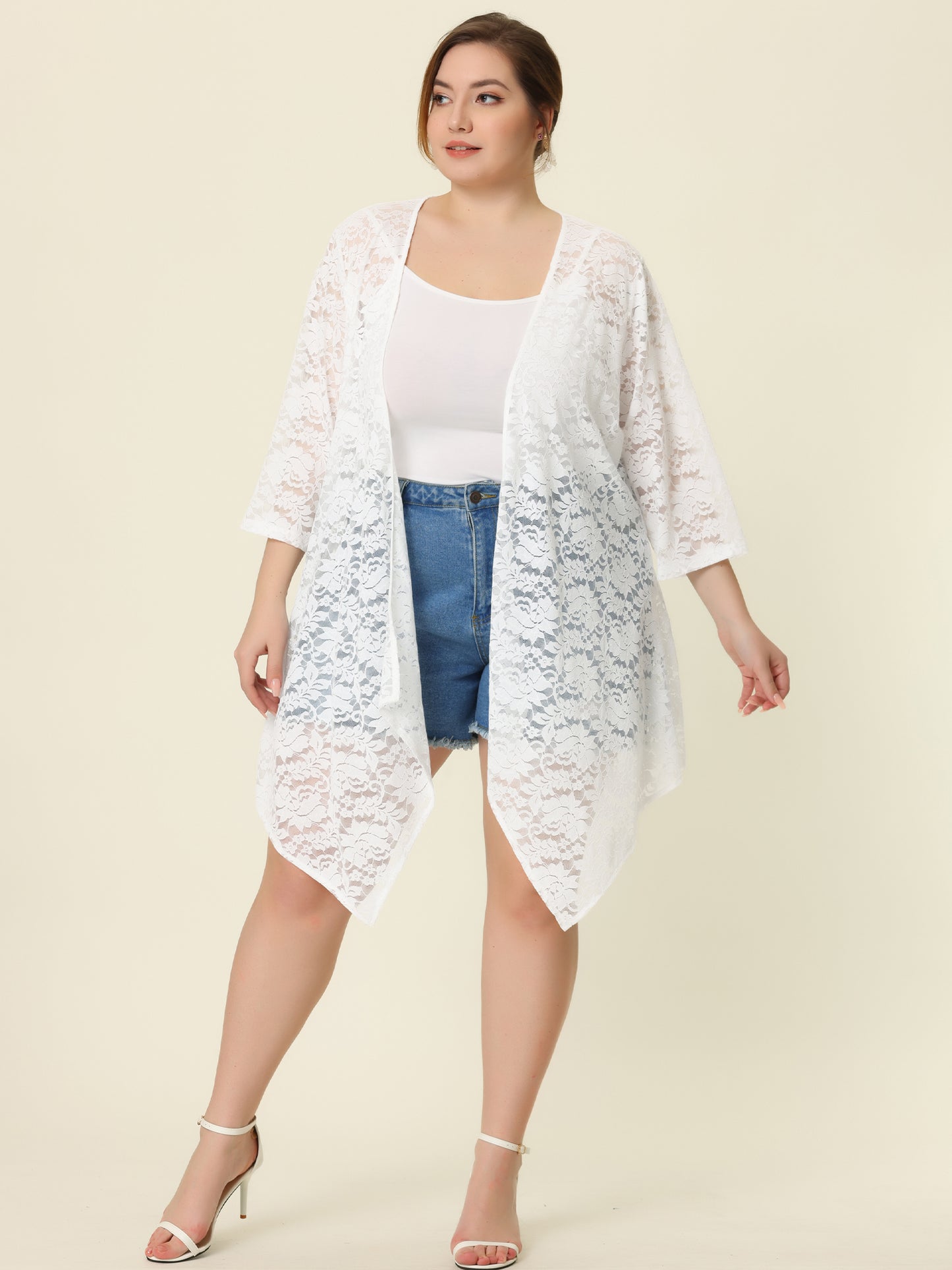 Women Plus Size Cardigans Open Front 3/4 Sleeves Crochet Cover Ups