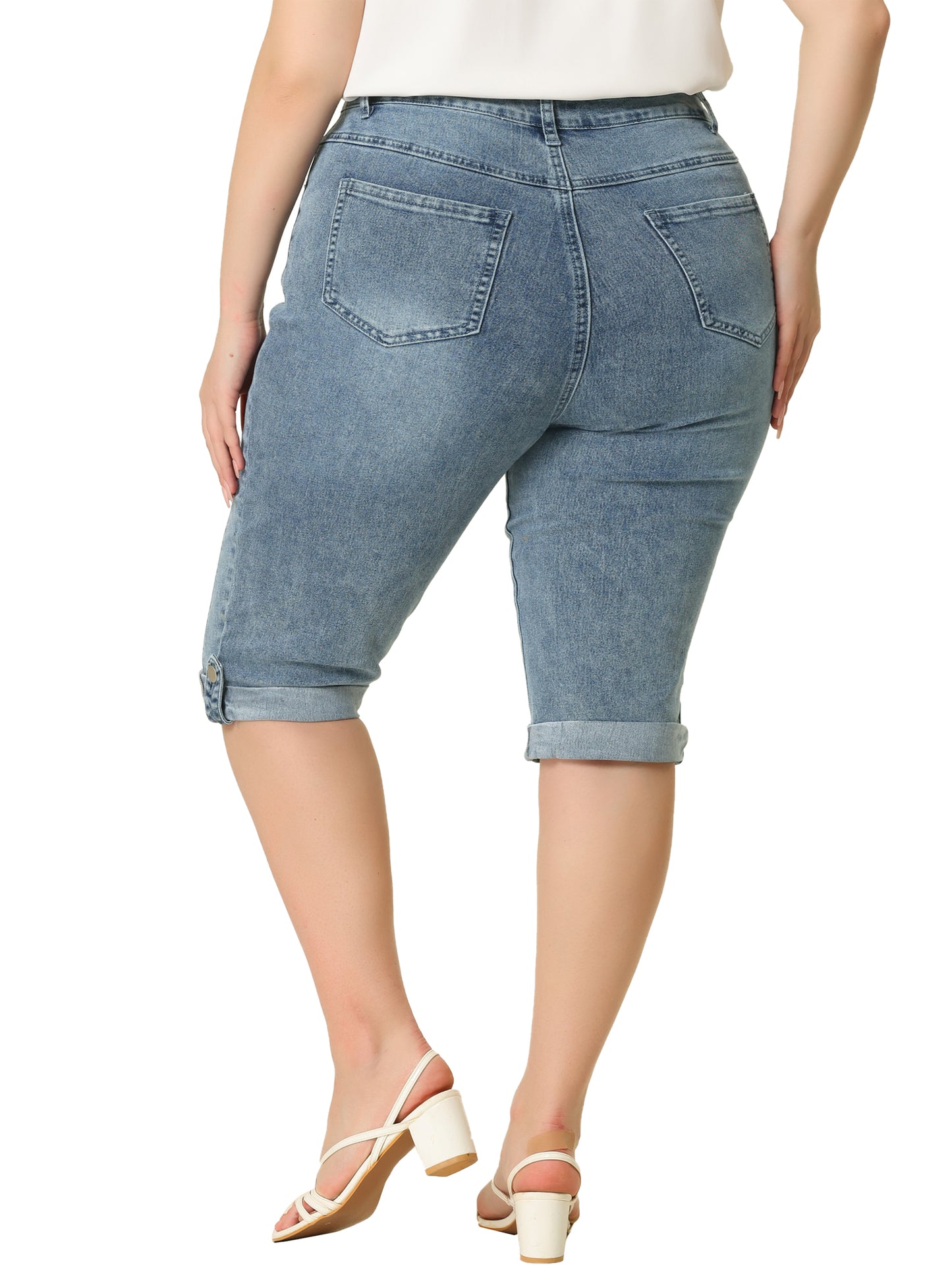 Vaqueros capri de mezclilla de talla grande para mujer, ajustados, elásticos, de tiro medio y con bolsillos