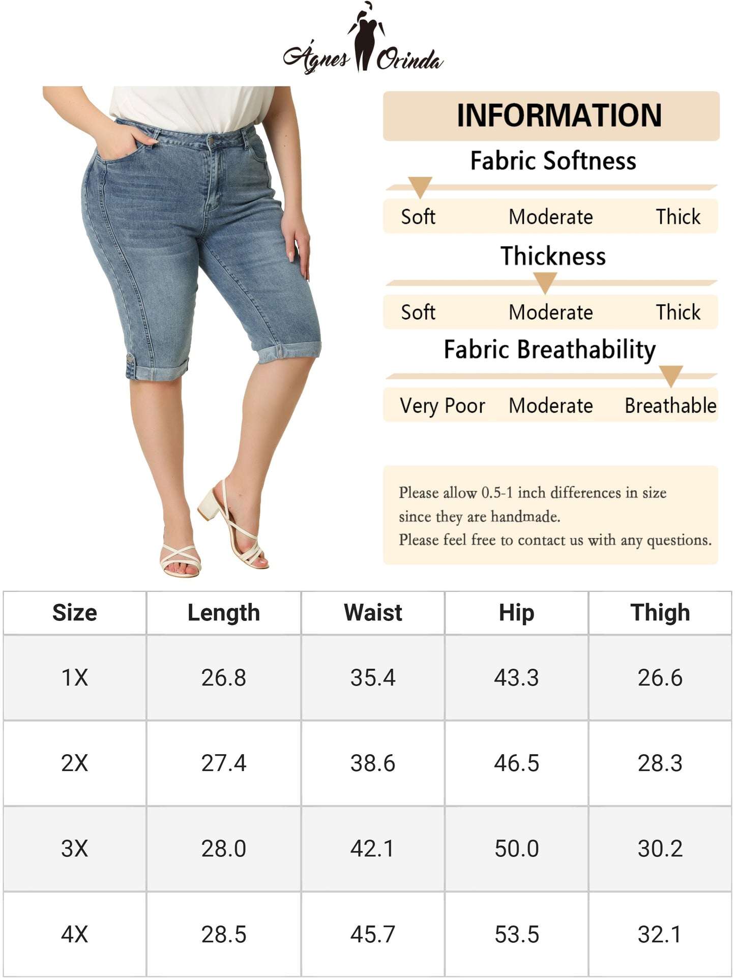 Women's Plus Size Capri Denim Jeans Mid-Rise Fit Curvy Stretch Skinny Jean Capris with Pocket
