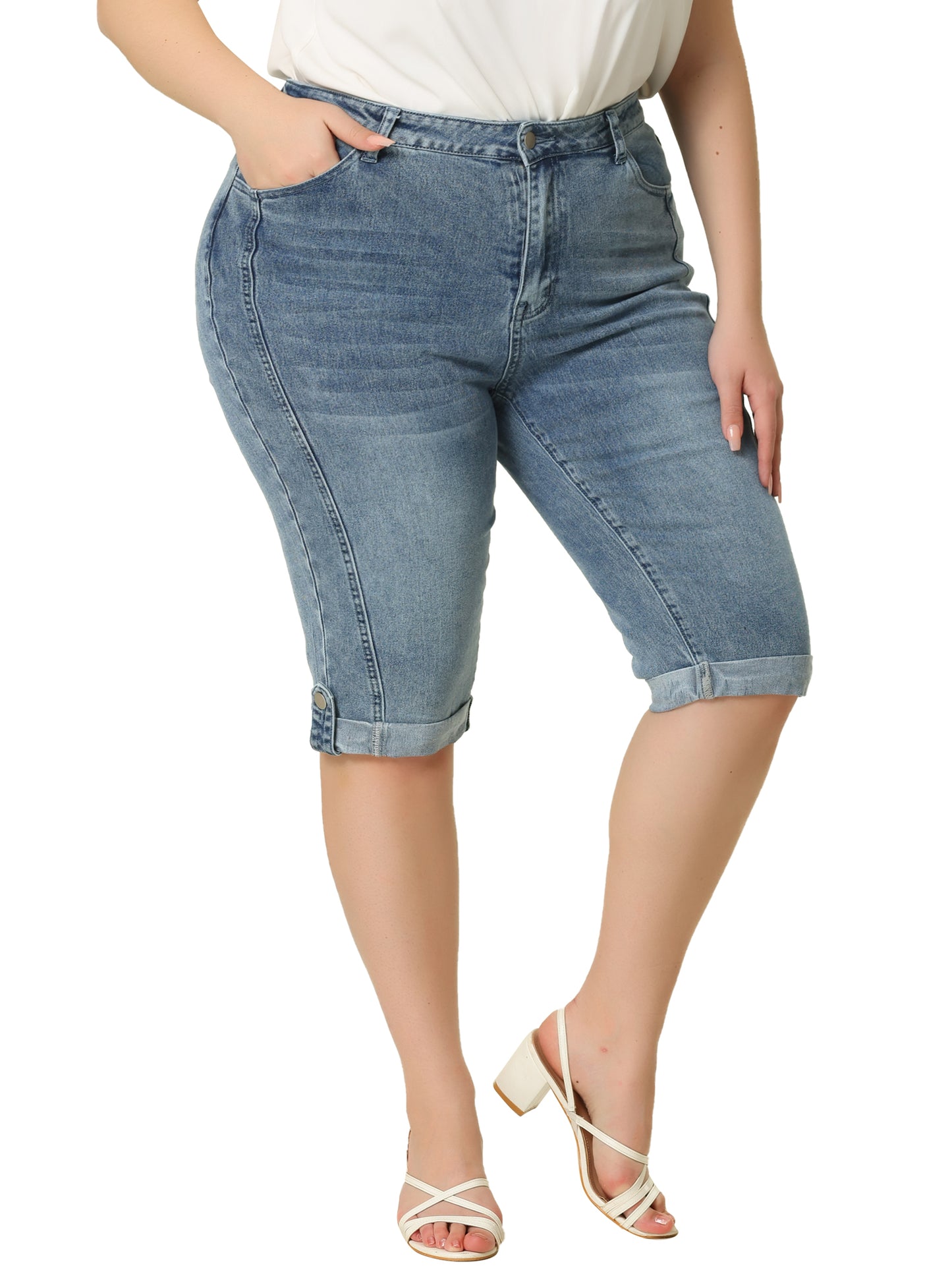 Vaqueros capri de mezclilla de talla grande para mujer, ajustados, elásticos, de tiro medio y con bolsillos