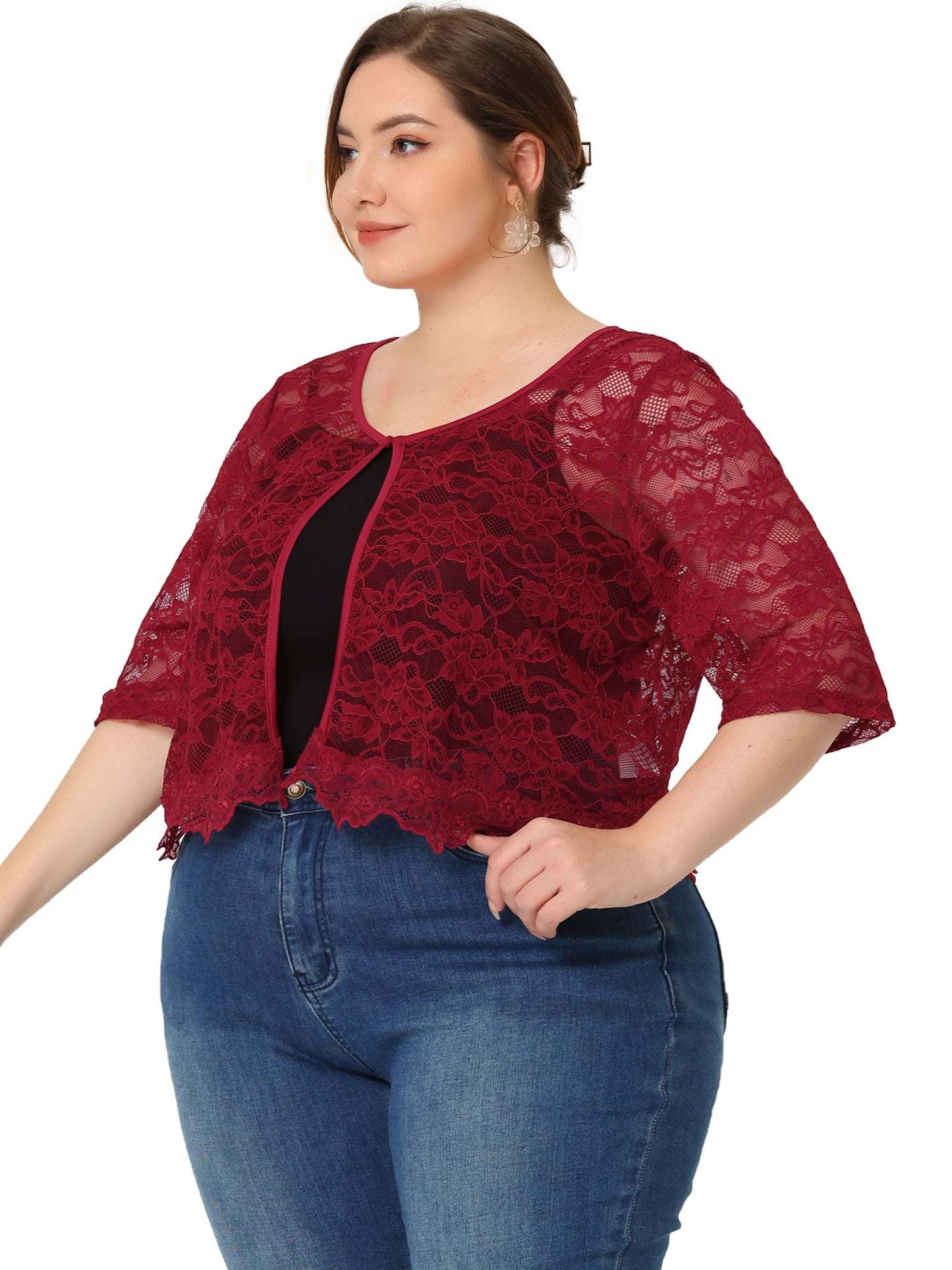 Women Plus Size Bolero Shrugs Floral Summer Cardigan 1/2 Sleeve Sheer Lace Shrug