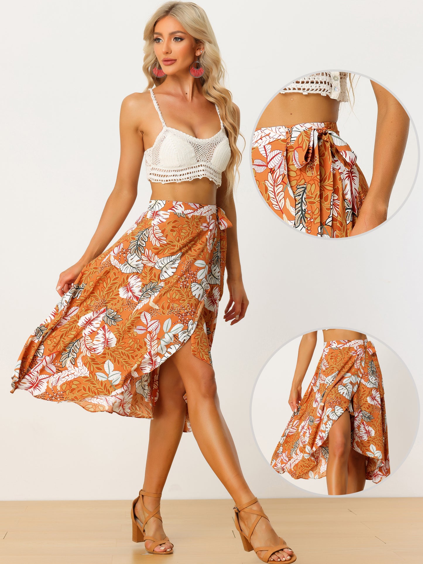 Falda midi cruzada con estampado floral bohemio de playa tropical para mujer
