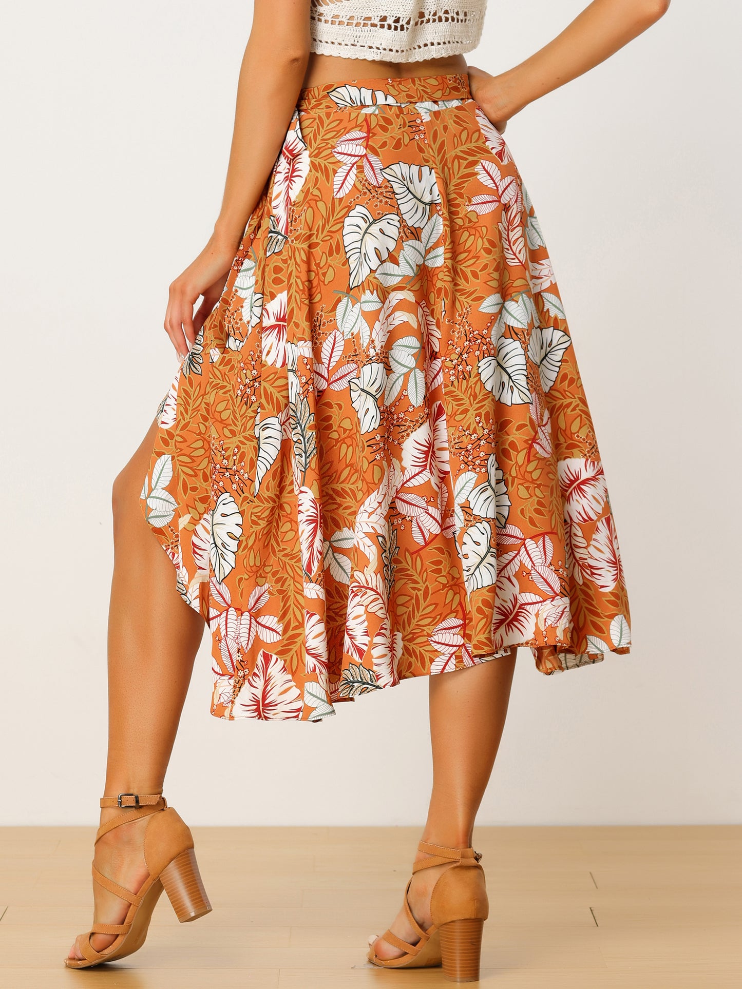 Falda midi cruzada con estampado floral bohemio de playa tropical para mujer