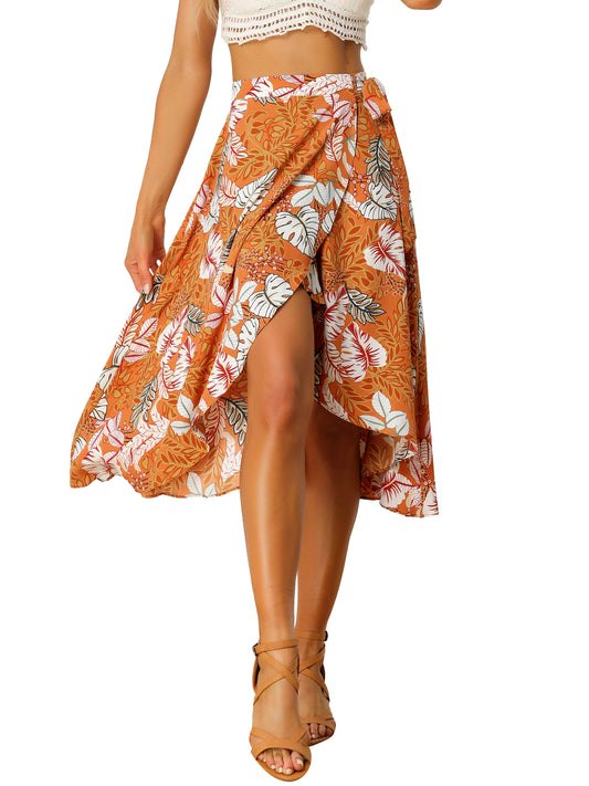Falda midi cruzada con estampado floral bohemio de playa tropical para mujer