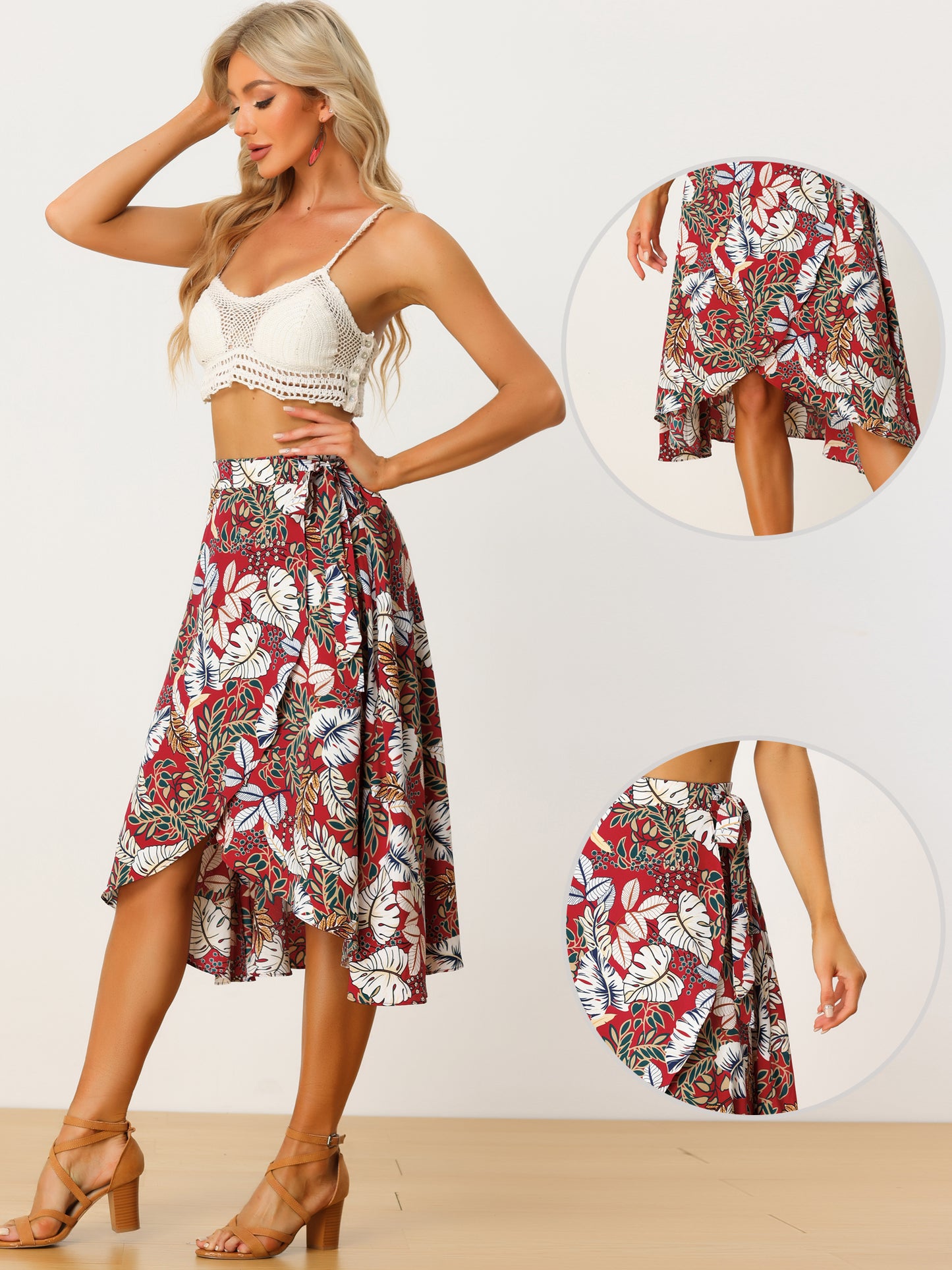 Falda midi cruzada con estampado floral bohemio de playa tropical para mujer