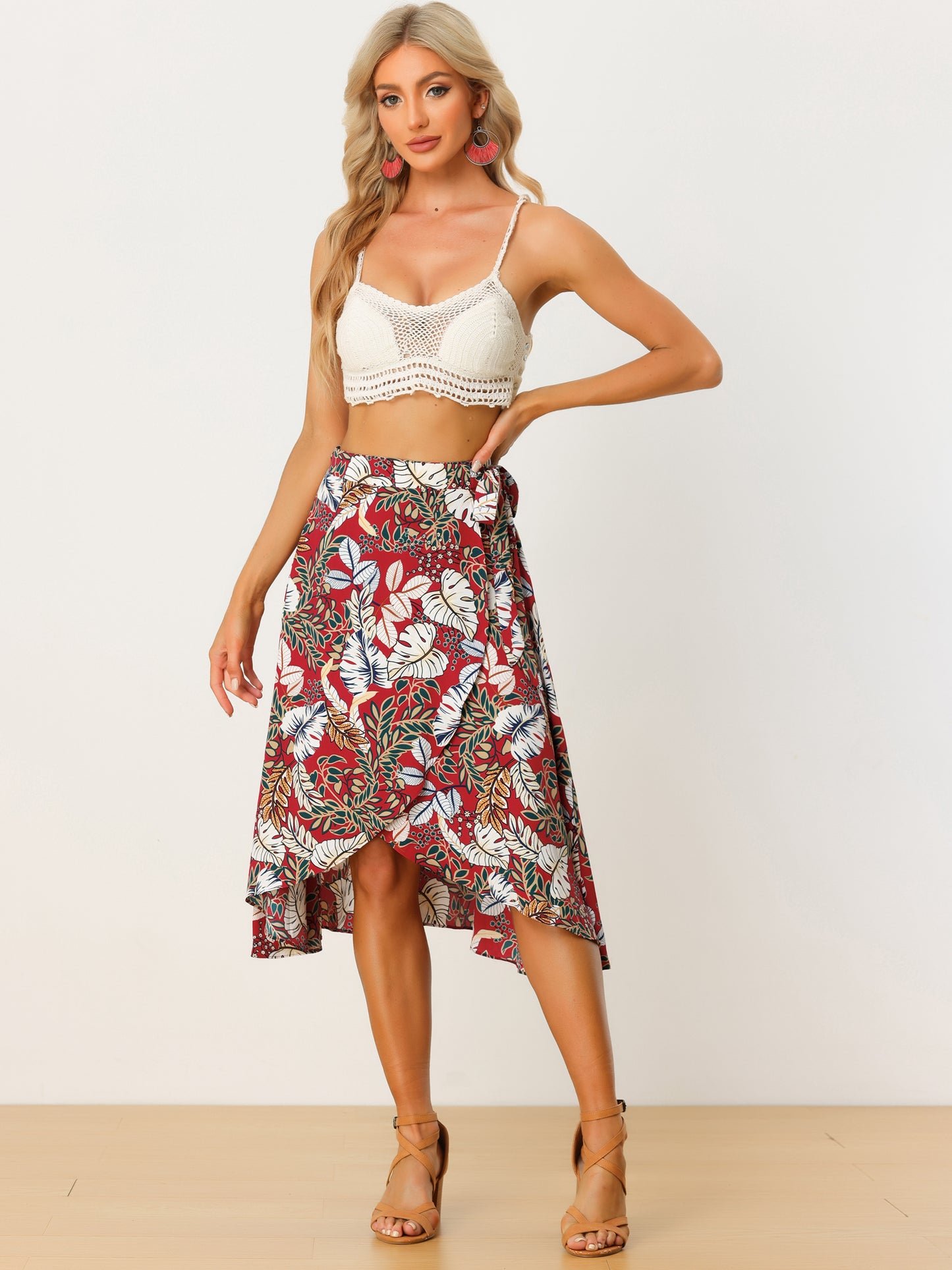Falda midi cruzada con estampado floral bohemio de playa tropical para mujer
