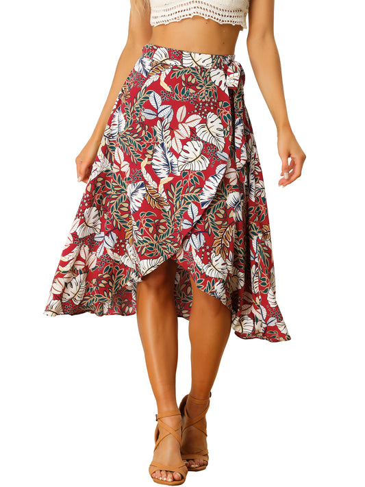 Women's Tropical Beach Boho Foral Print Wrap Midi Skirt
