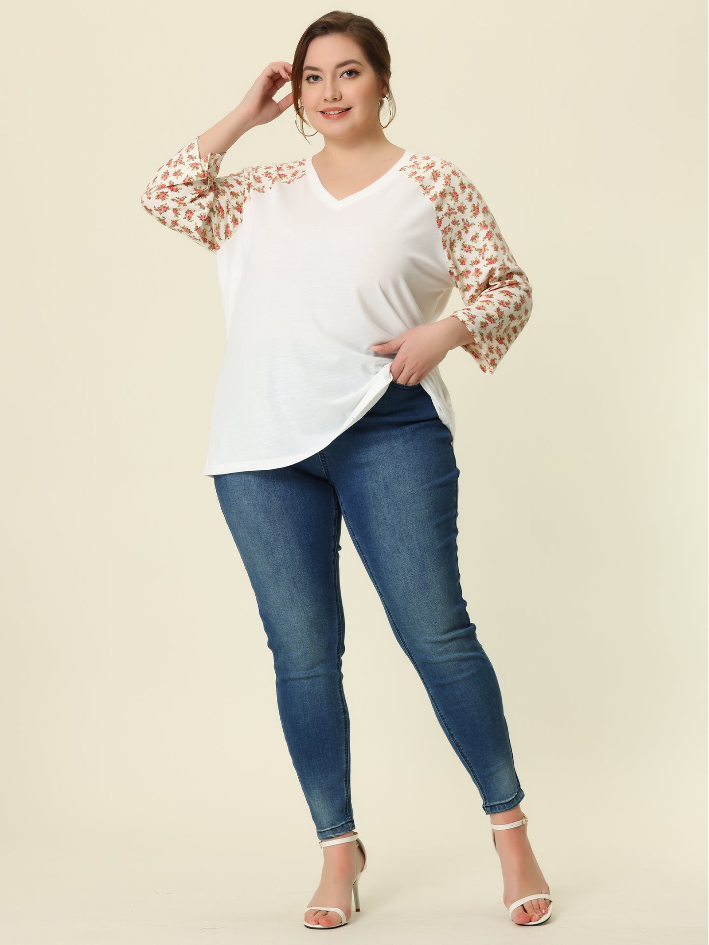 Women's Plus Size Top Casual V Neck 3/4 Sleeve Floral Raglan Top T-Shirt
