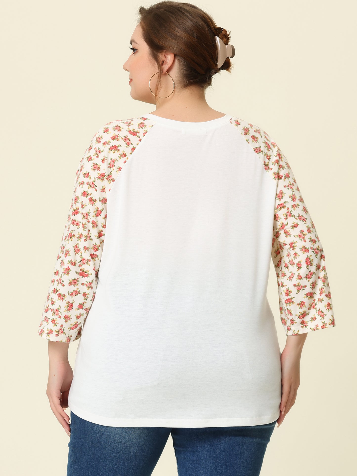 Women's Plus Size Top Casual V Neck 3/4 Sleeve Floral Raglan Top T-Shirt