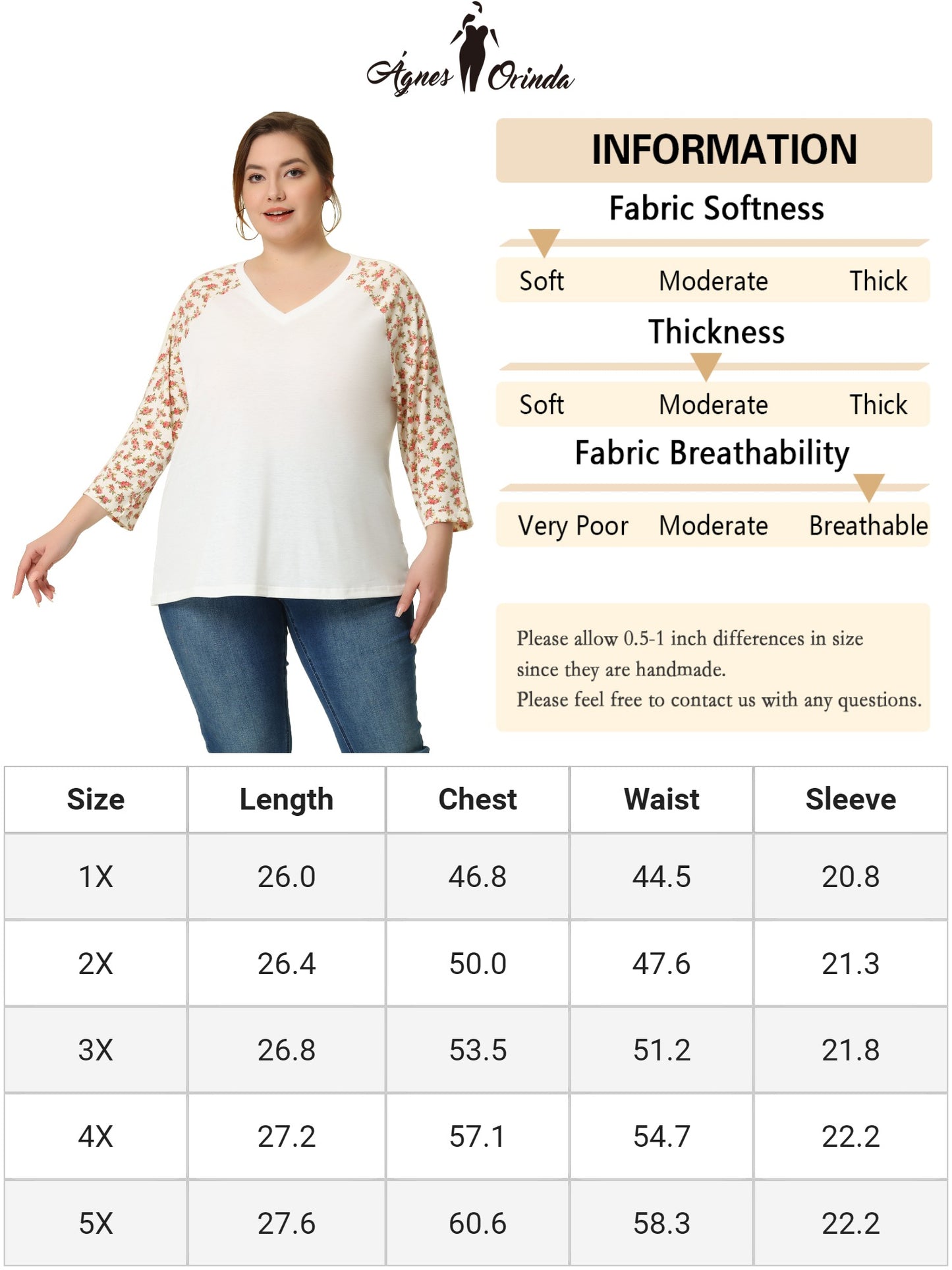 Women's Plus Size Top Casual V Neck 3/4 Sleeve Floral Raglan Top T-Shirt