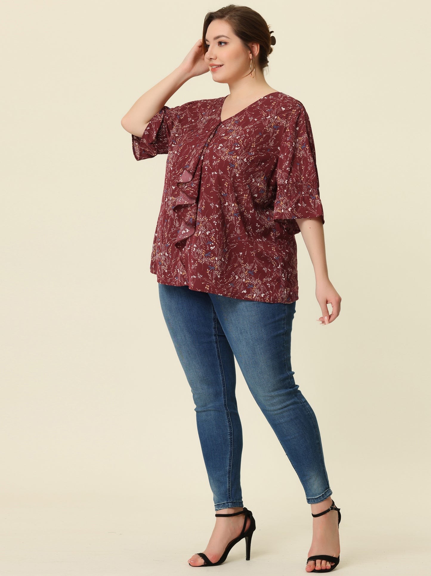 Women's Plus Size Ruffle Blouse V Neck Smocked Sleeves Top