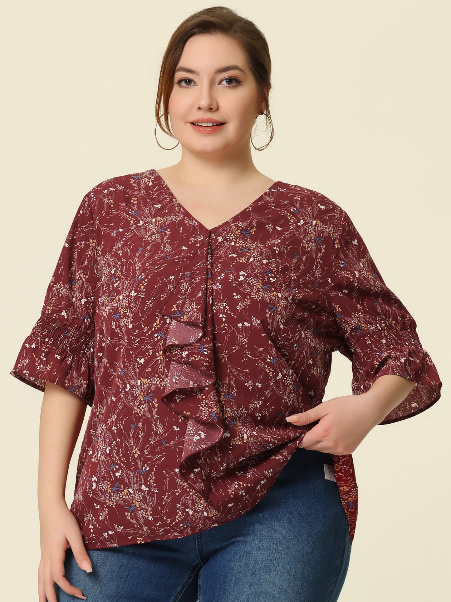 Women's Plus Size Ruffle Blouse V Neck Smocked Sleeves Top
