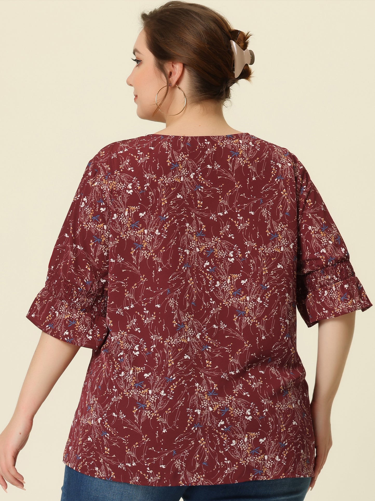 Women's Plus Size Ruffle Blouse V Neck Smocked Sleeves Top
