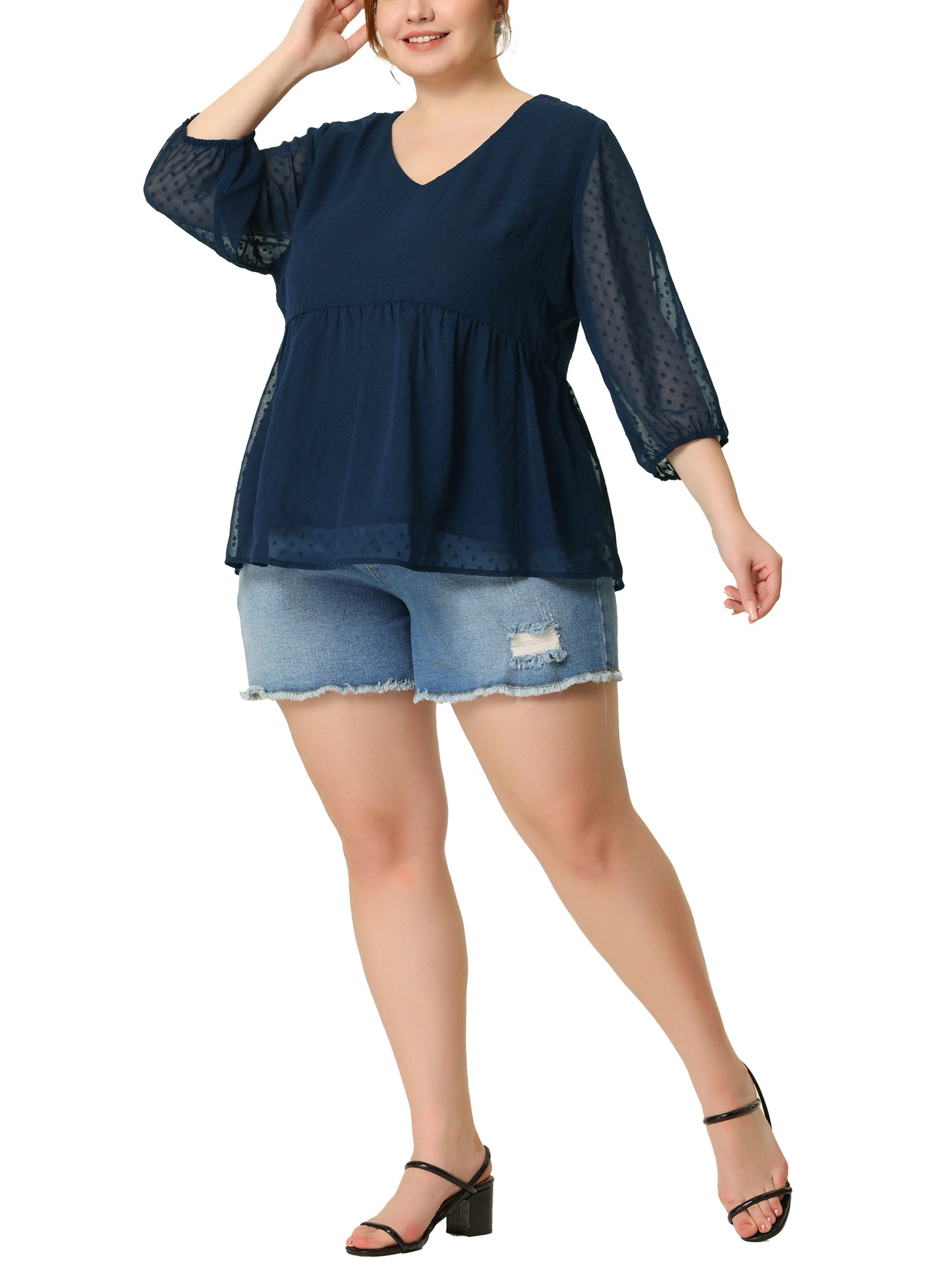 Women Plus Size Chiffon Top Babydoll Long Sleeve Swiss Dots Blouse