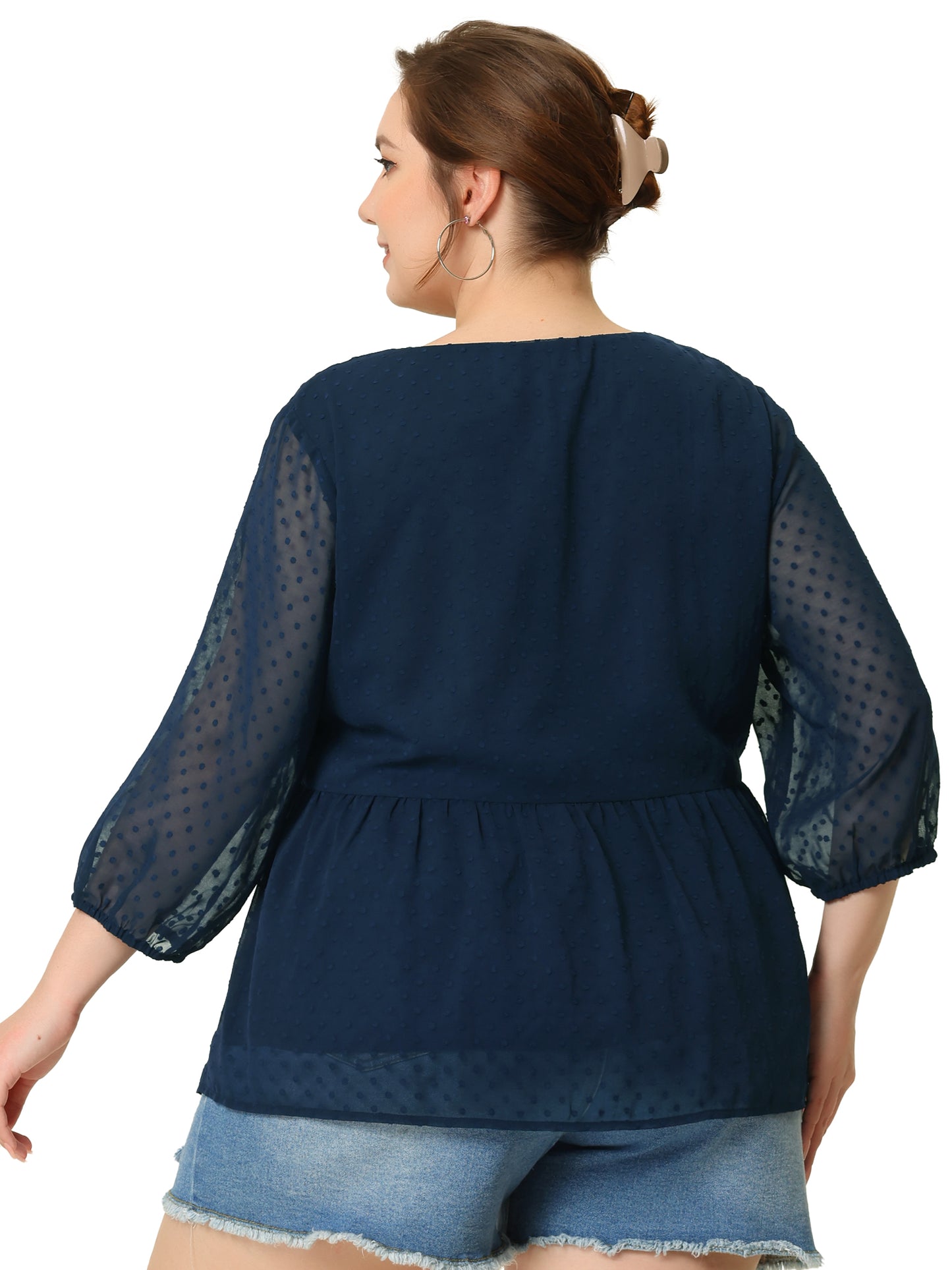 Women Plus Size Chiffon Top Babydoll Long Sleeve Swiss Dots Blouse