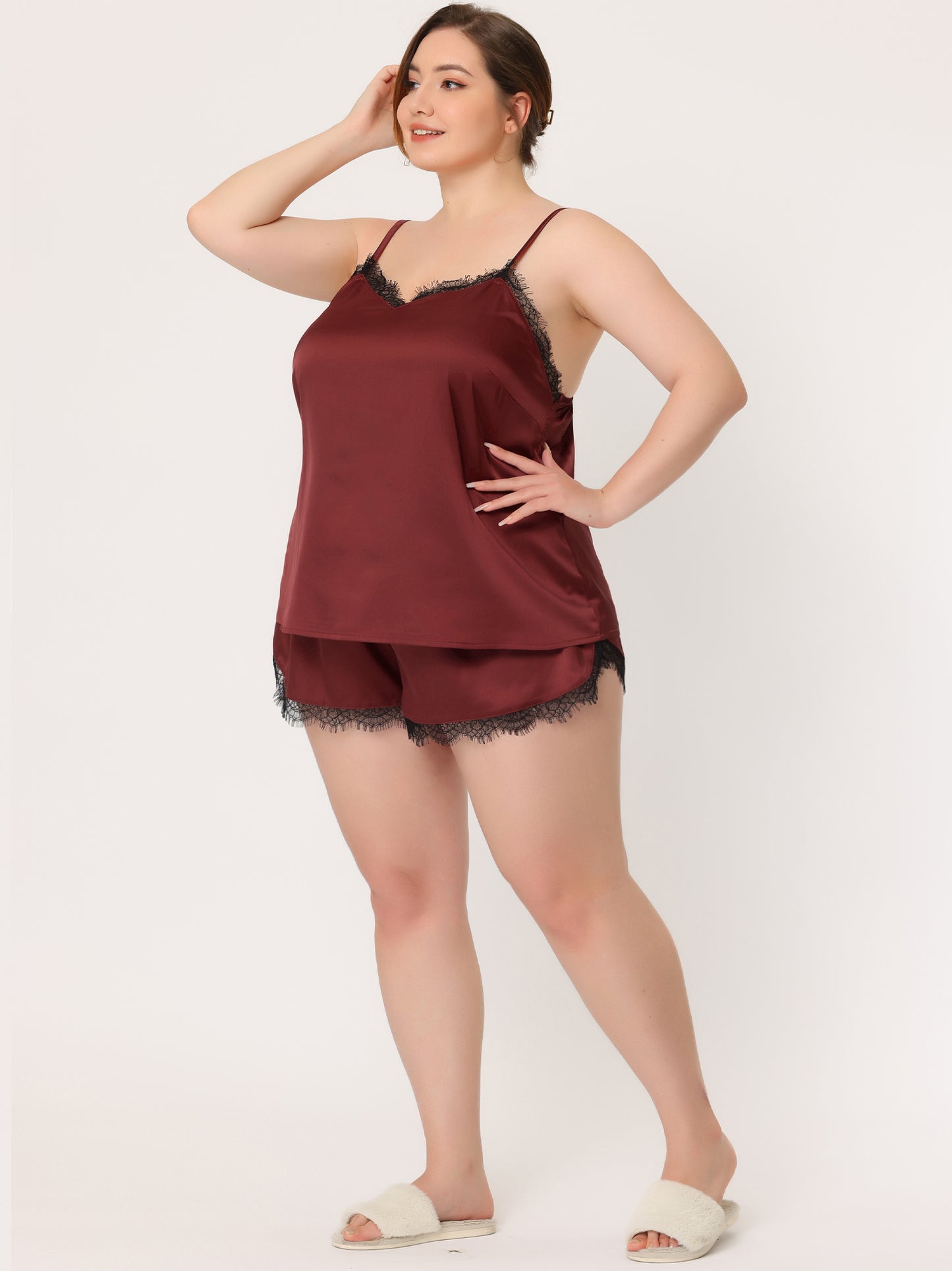Women's Plus Size Satin Lace Panel Cami Top and Shorts Sleepwear 2 Pieces Pajamas Set