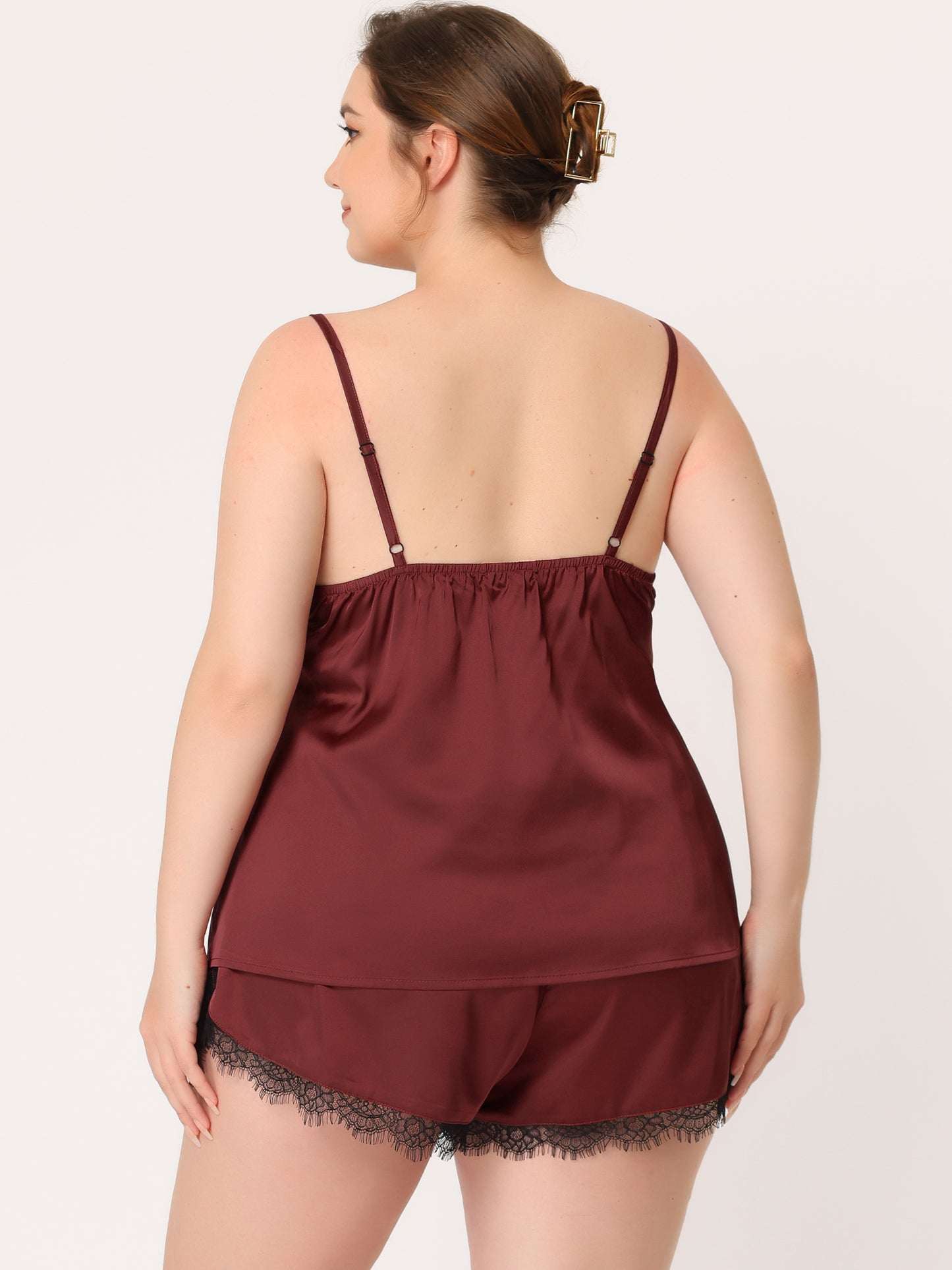 Women's Plus Size Satin Lace Panel Cami Top and Shorts Sleepwear 2 Pieces Pajamas Set