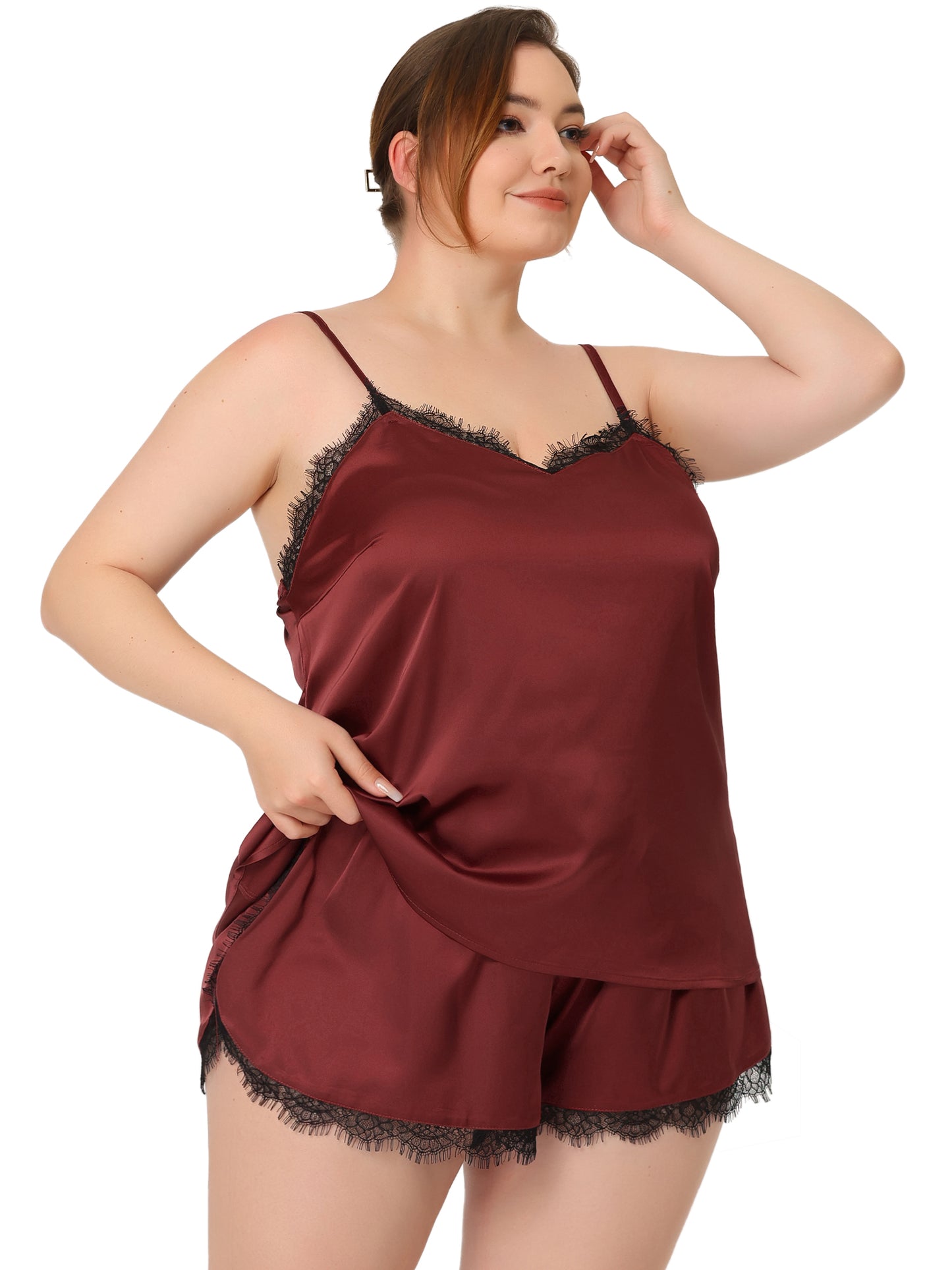 Women's Plus Size Satin Lace Panel Cami Top and Shorts Sleepwear 2 Pieces Pajamas Set