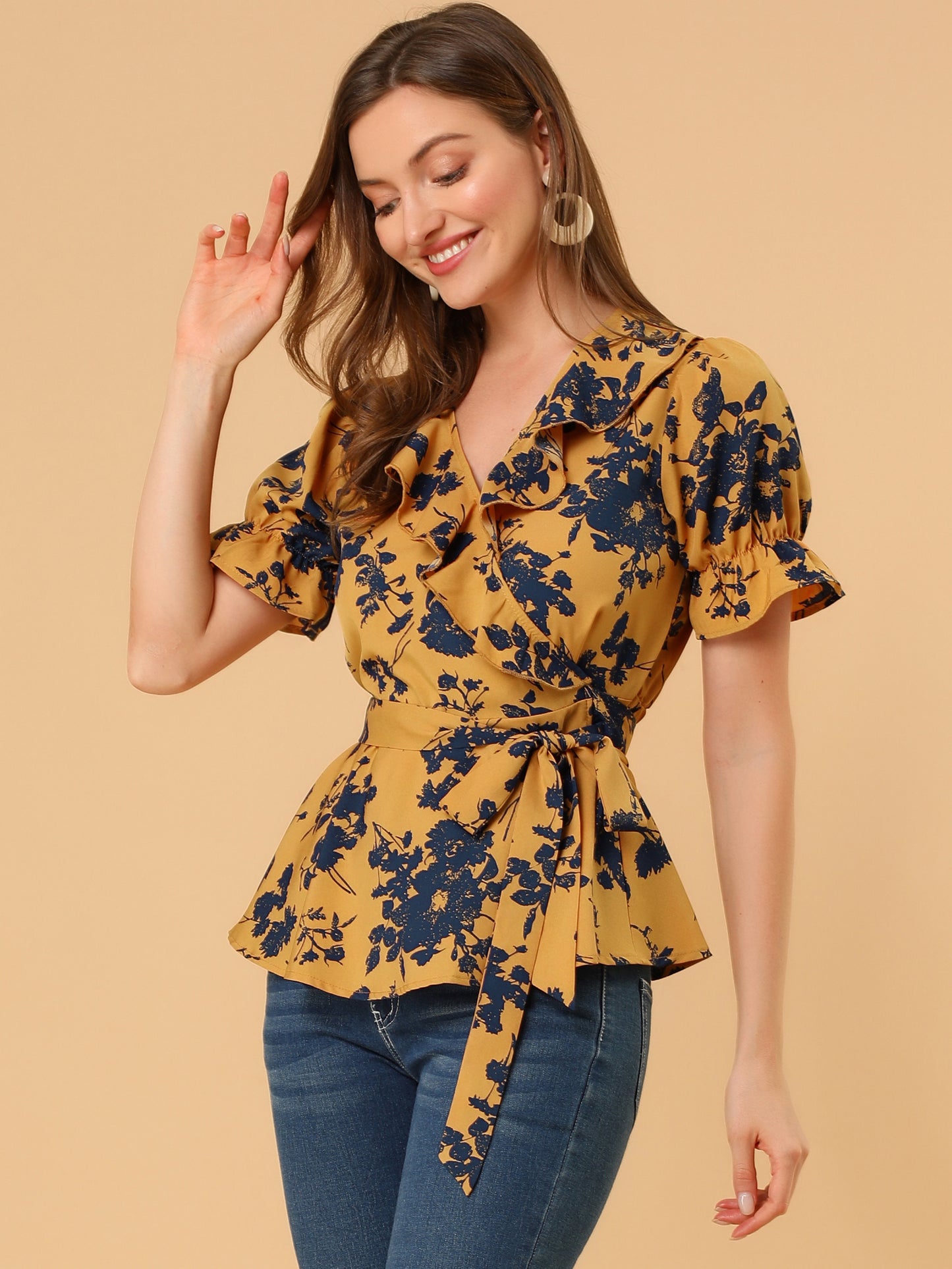 Women's Wrap Blouse Floral Short Sleeve Ruffle V Neck Belted Peplum Top (Available in Plus Size)