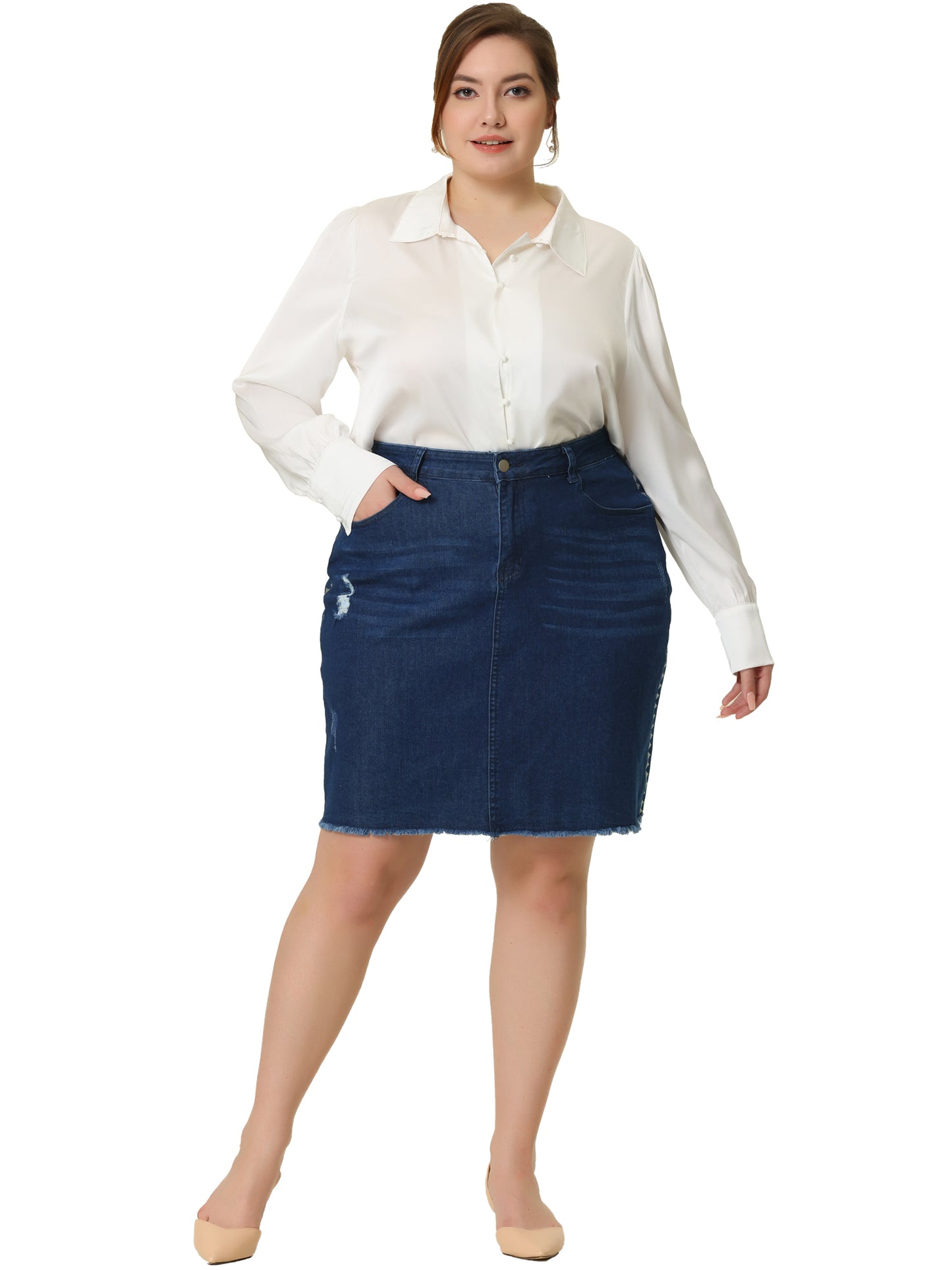 Falda vaquera de talla grande para mujer, informal, bordada, desgastada, minifalda vaquera