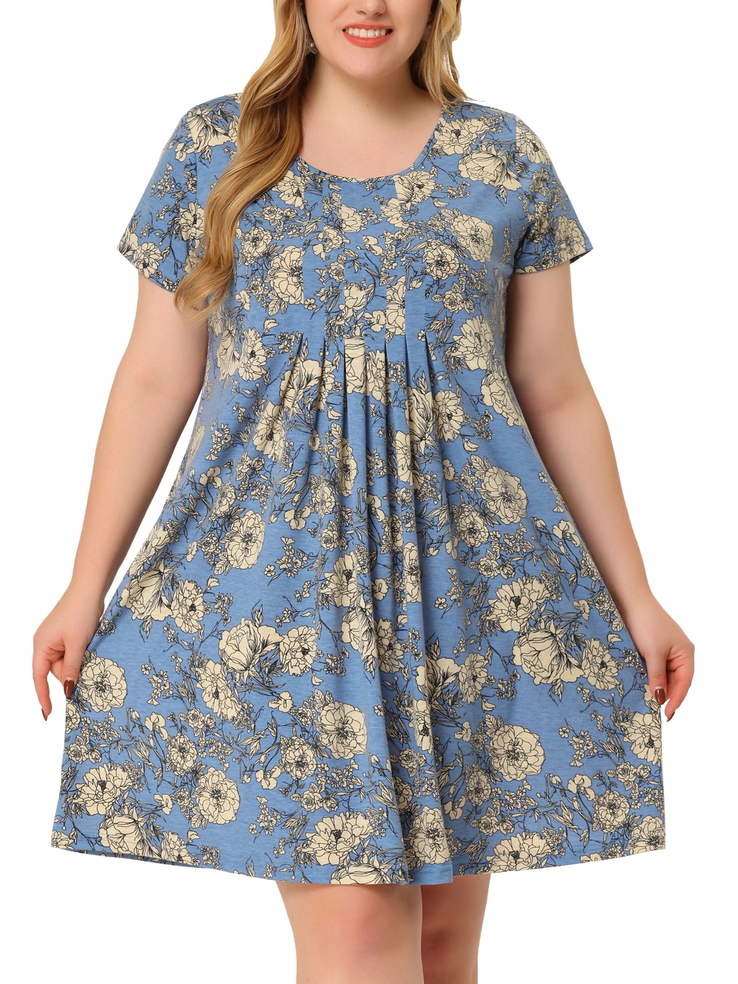 Women Plus Size Short Sleeves Pleated Summer Casual Loose Floral Dress