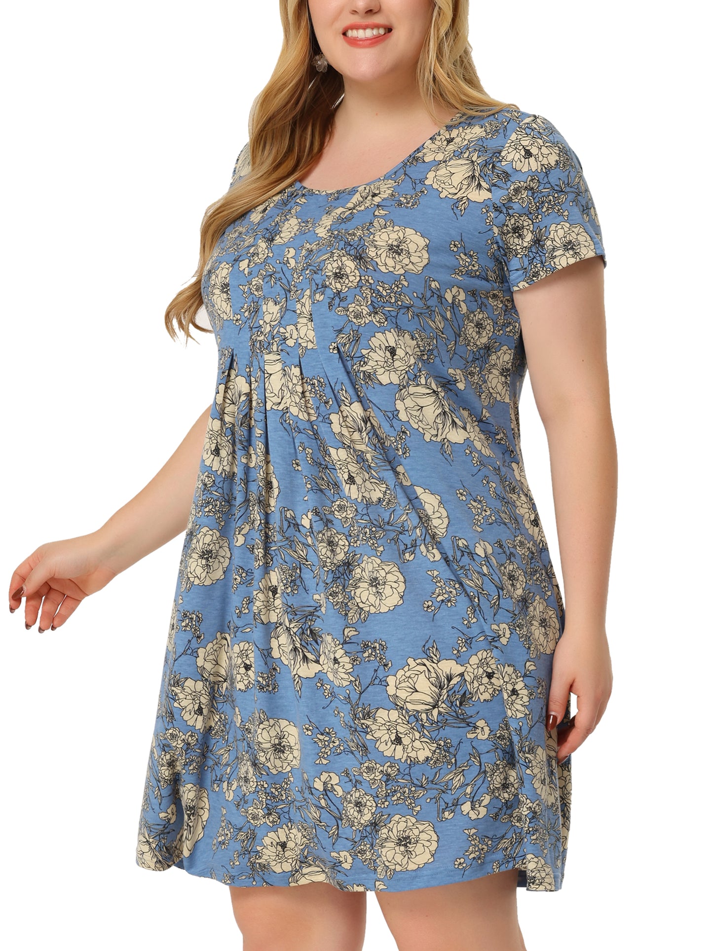 Women Plus Size Short Sleeves Pleated Summer Casual Loose Floral Dress