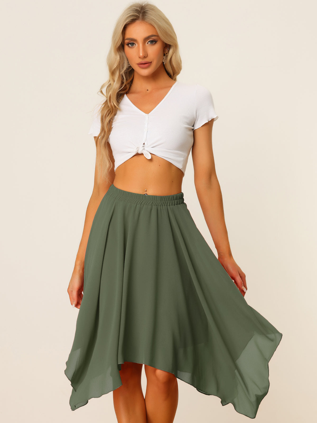 Women's Asymmetrical Hem Elastic Waist Chiffon Flowy Vintage Handkerchief Hemline Midi Skirt