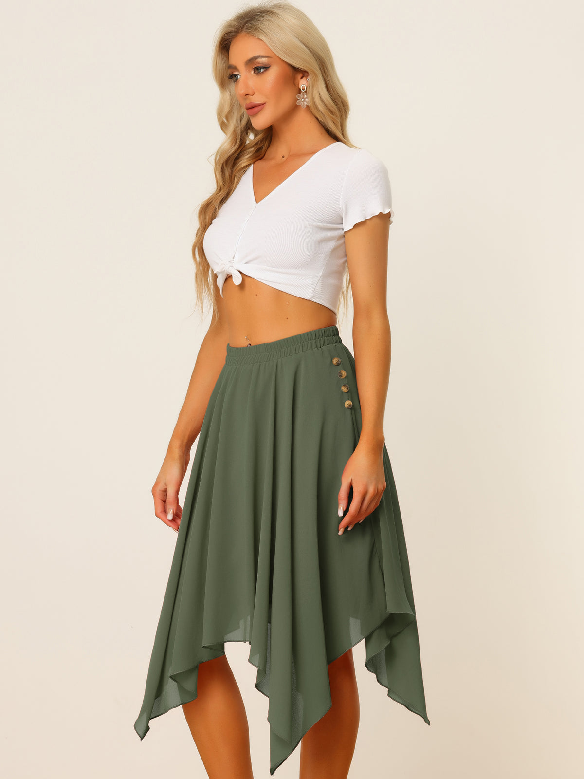 Women's Asymmetrical Hem Elastic Waist Chiffon Flowy Vintage Handkerchief Hemline Midi Skirt