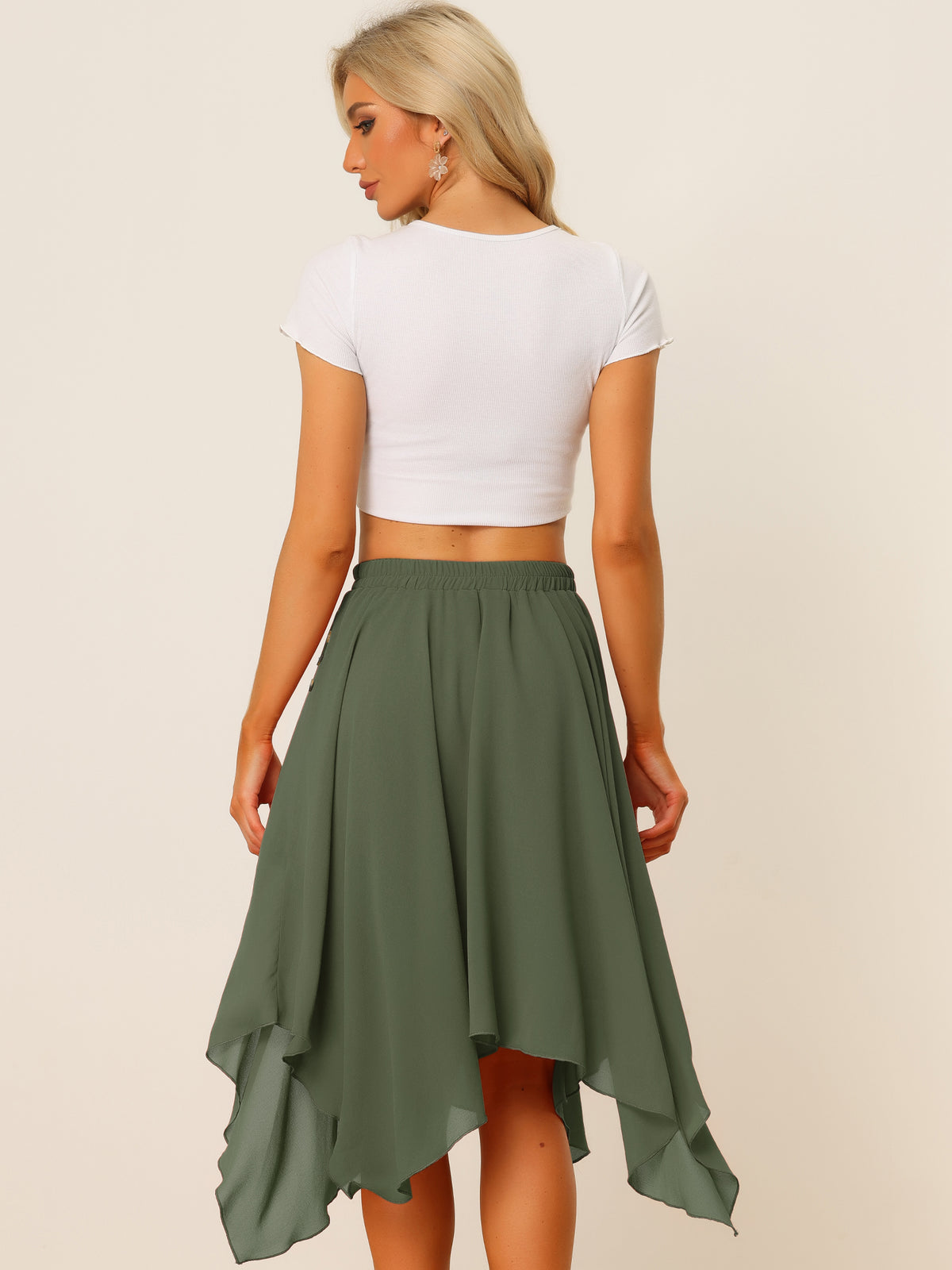Women's Asymmetrical Hem Elastic Waist Chiffon Flowy Vintage Handkerchief Hemline Midi Skirt
