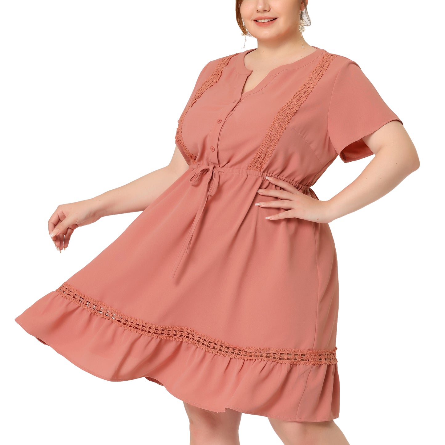 Women Plus Size Button V Neck Summer Midi Ruffle A Line Swing Dress