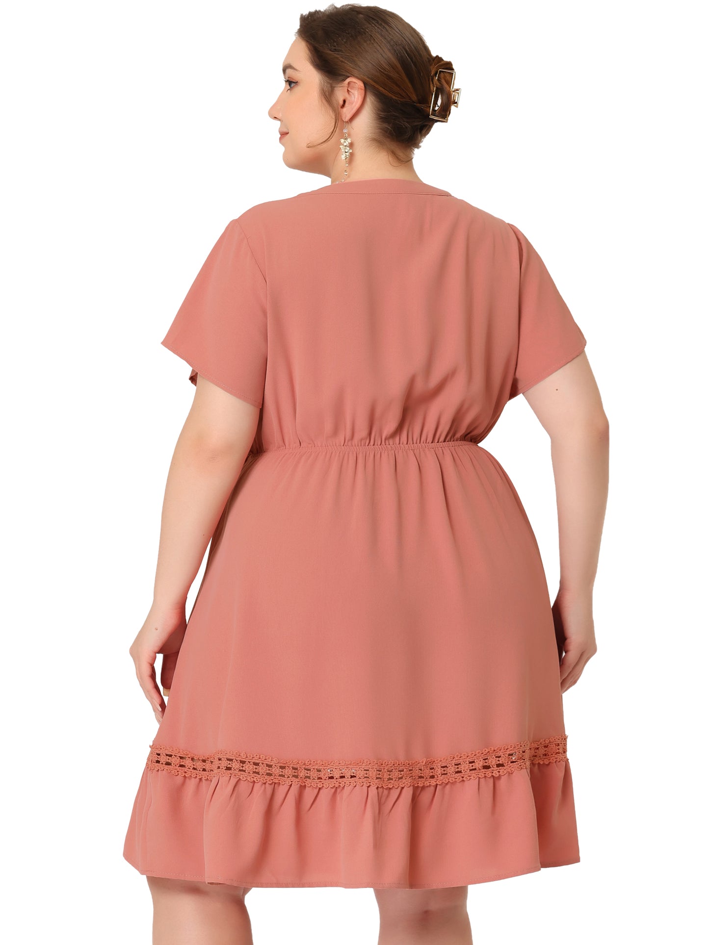 Women Plus Size Button V Neck Summer Midi Ruffle A Line Swing Dress
