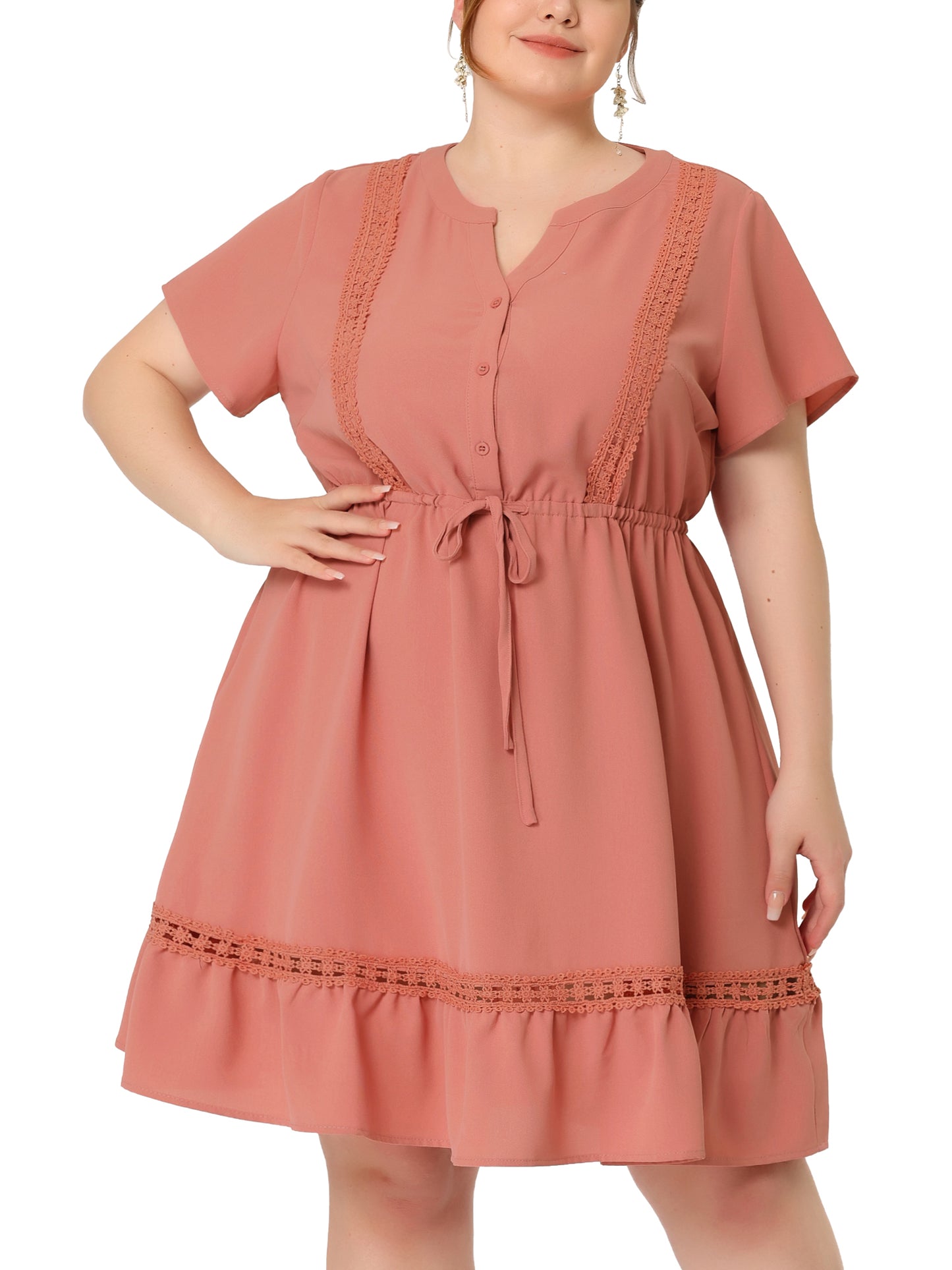 Women Plus Size Button V Neck Summer Midi Ruffle A Line Swing Dress