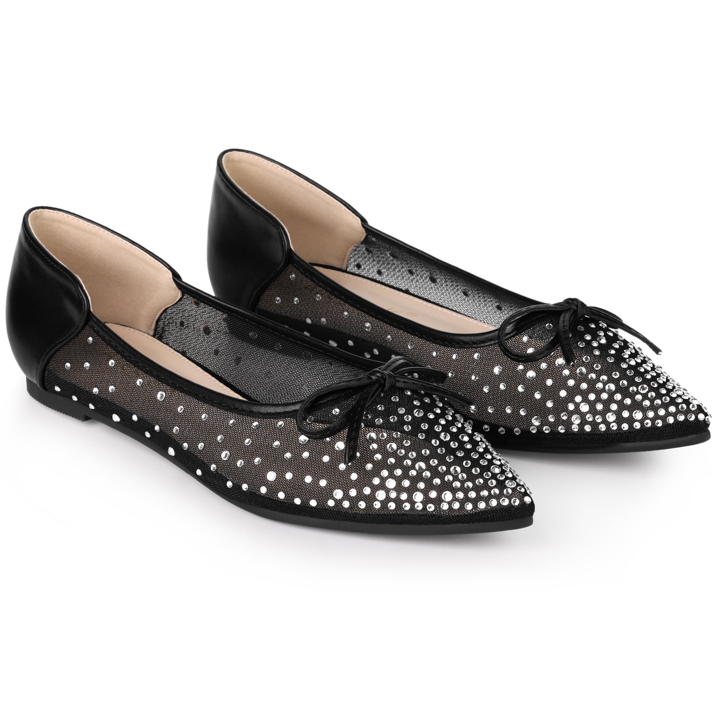 Bailarinas de malla con diamantes de imitación y punta puntiaguda para mujer