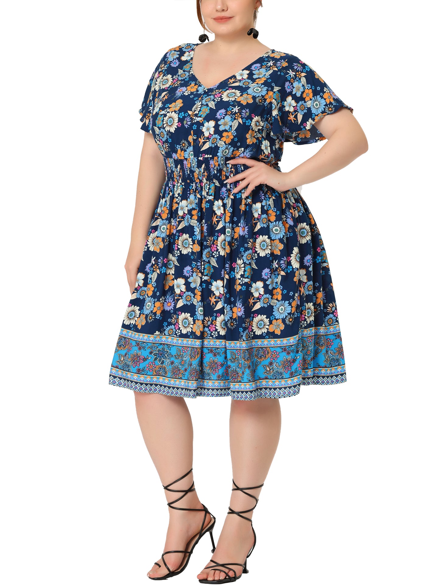 Women Plus Size Placed Pattern Bohemian Smock Waist V Neck Summer Midi Dress