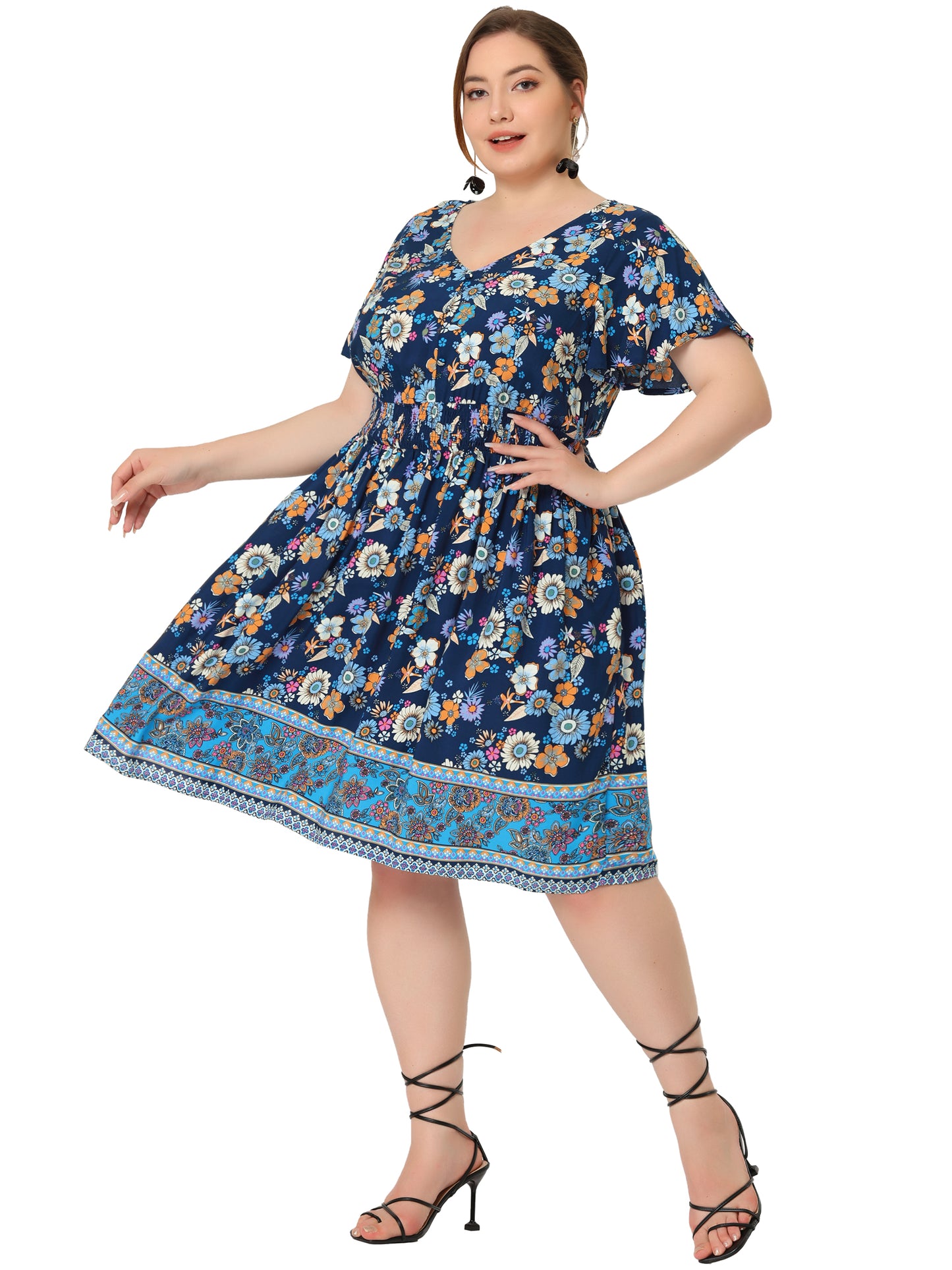 Women Plus Size Placed Pattern Bohemian Smock Waist V Neck Summer Midi Dress