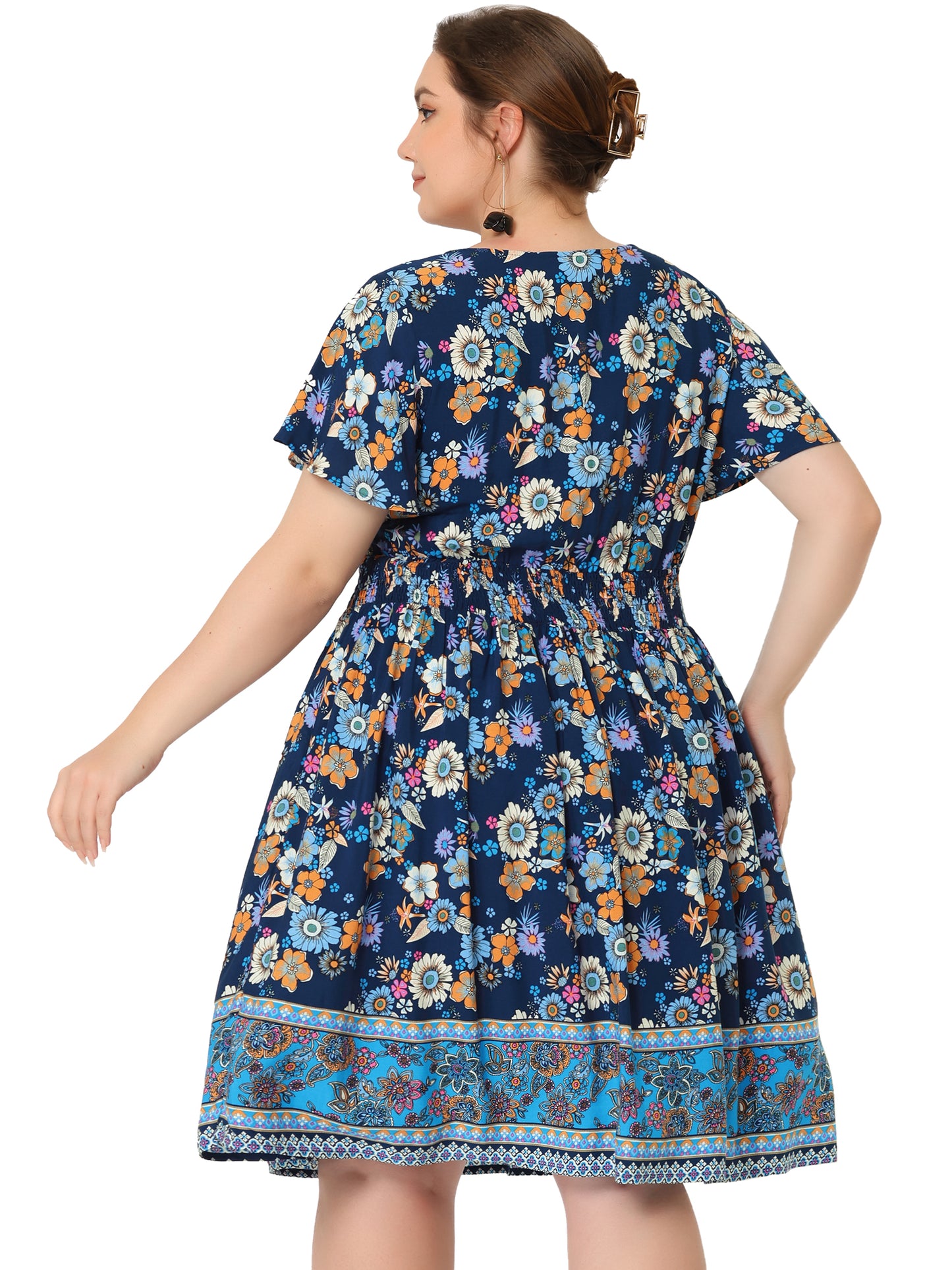 Women Plus Size Placed Pattern Bohemian Smock Waist V Neck Summer Midi Dress