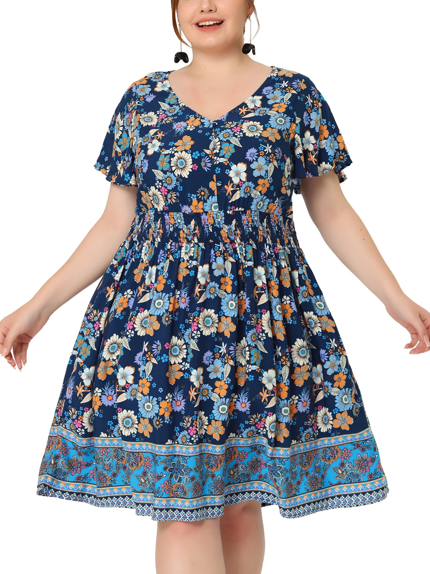 Women Plus Size Placed Pattern Bohemian Smock Waist V Neck Summer Midi Dress