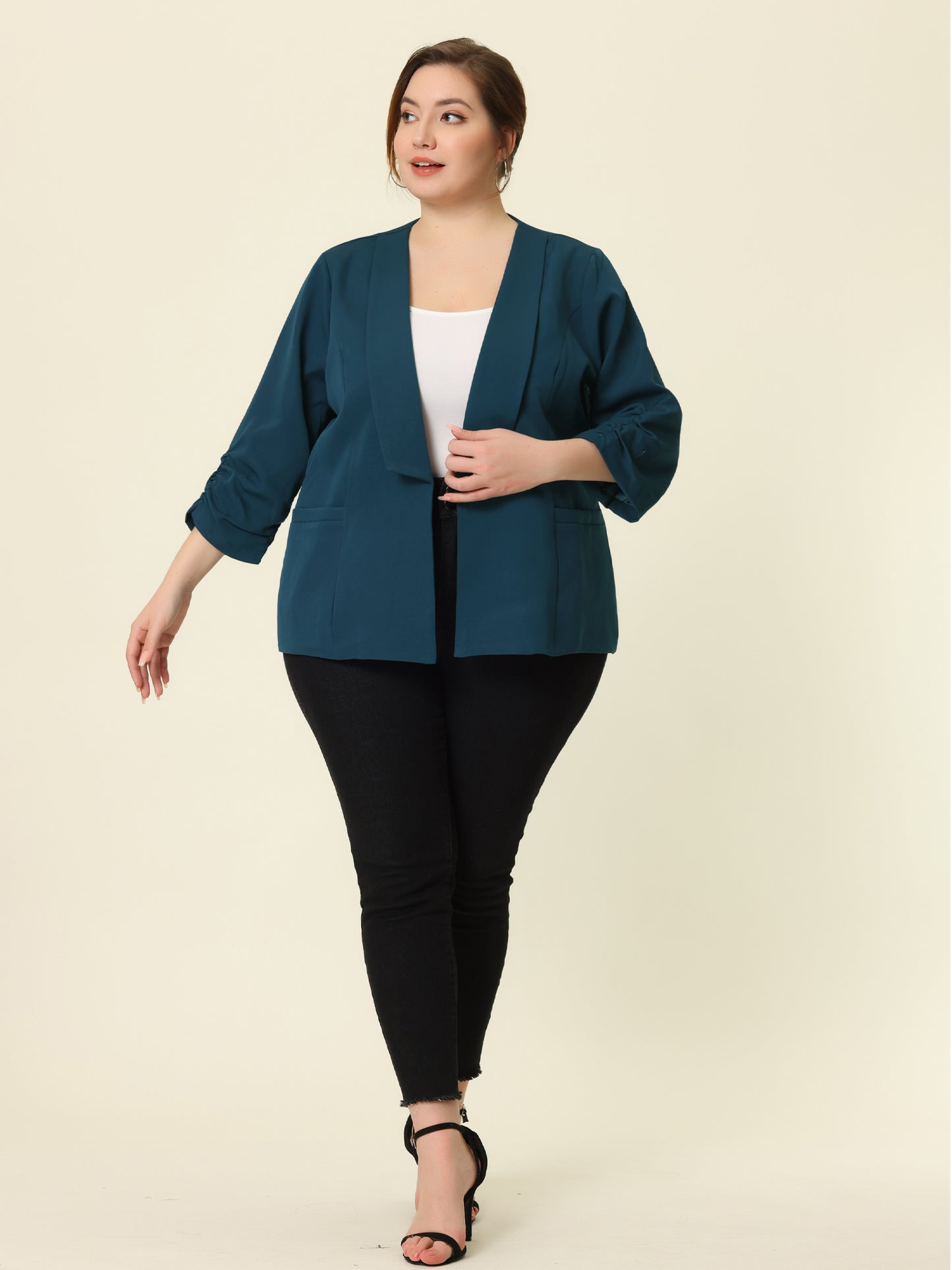 Women's Plus Size Shawl Collar Open Front 3/4 Ruched Sleeve Work Office Lightweight Blazer