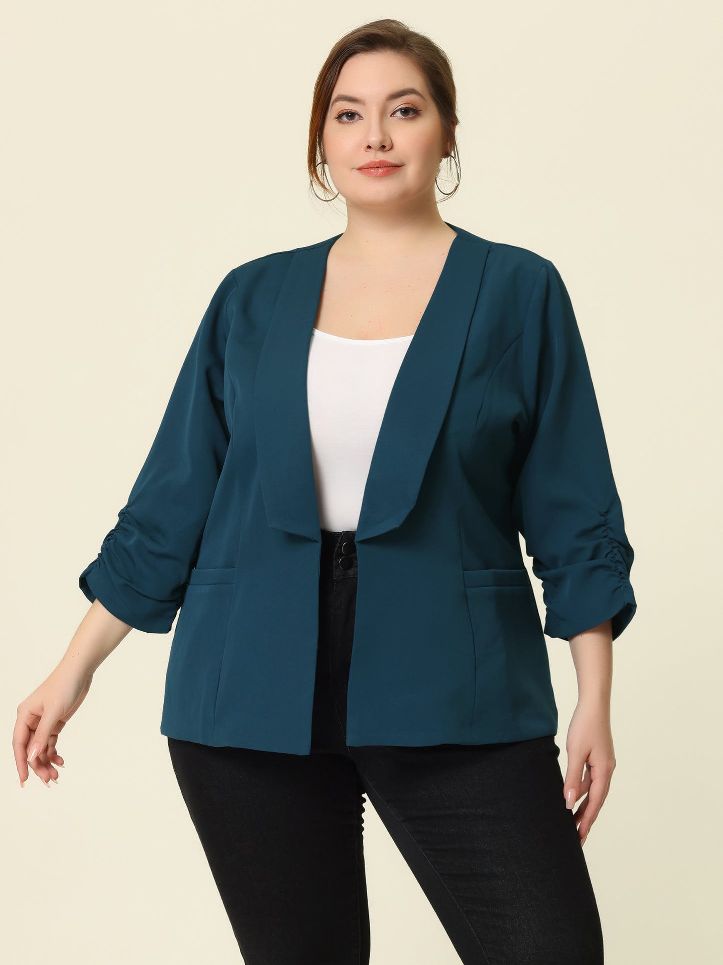 Women's Plus Size Shawl Collar Open Front 3/4 Ruched Sleeve Work Office Lightweight Blazer
