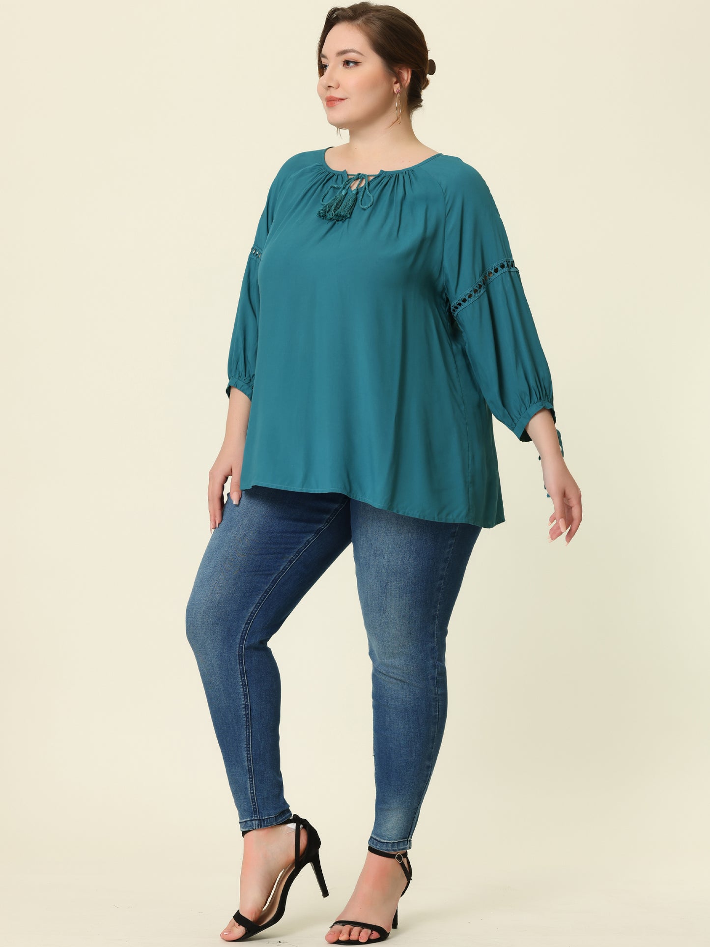 Women's Plus Size Raglan Sleeves Hollow Out Tie Neck Tunic Peasant Top
