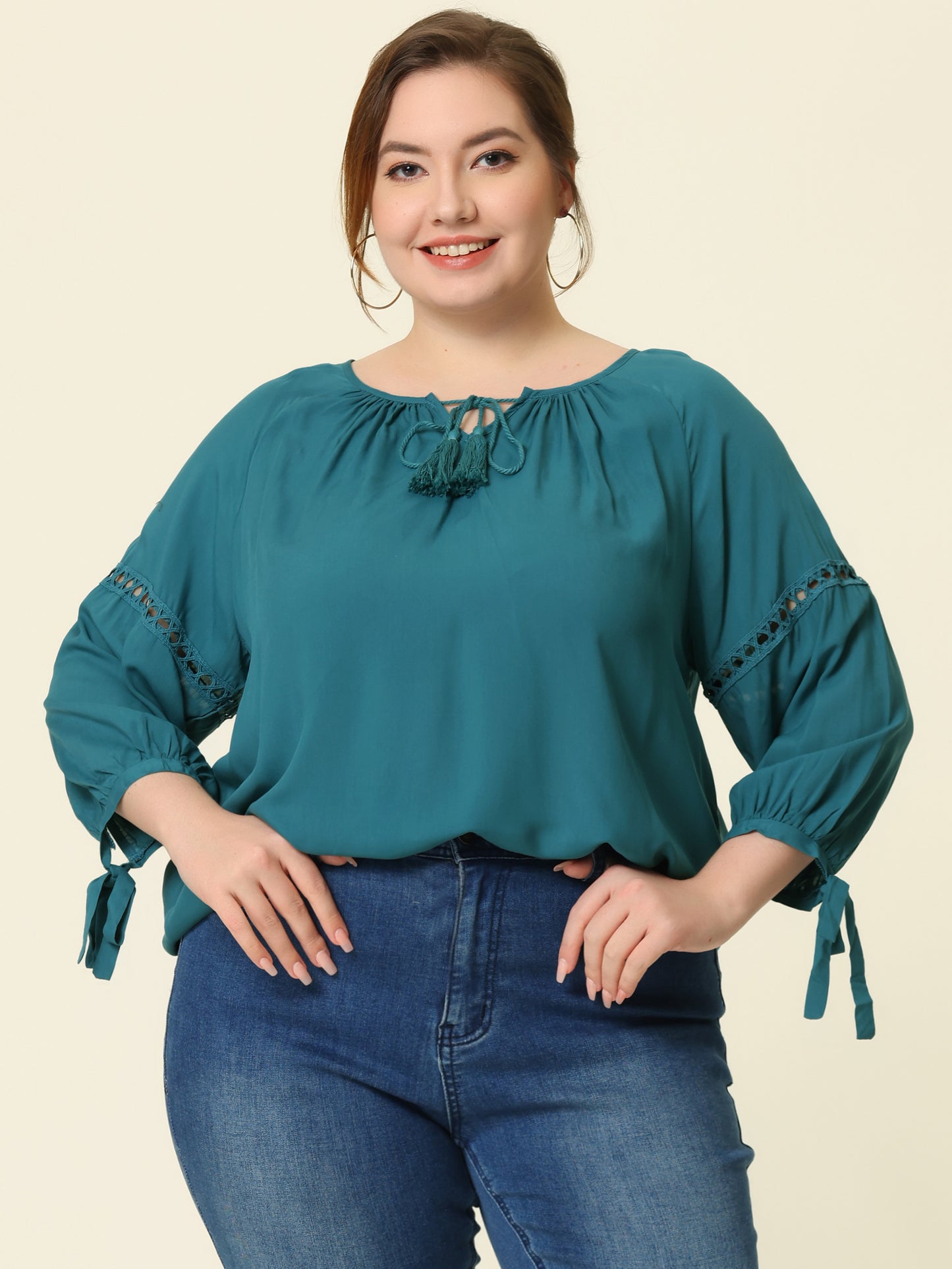 Women's Plus Size Raglan Sleeves Hollow Out Tie Neck Tunic Peasant Top